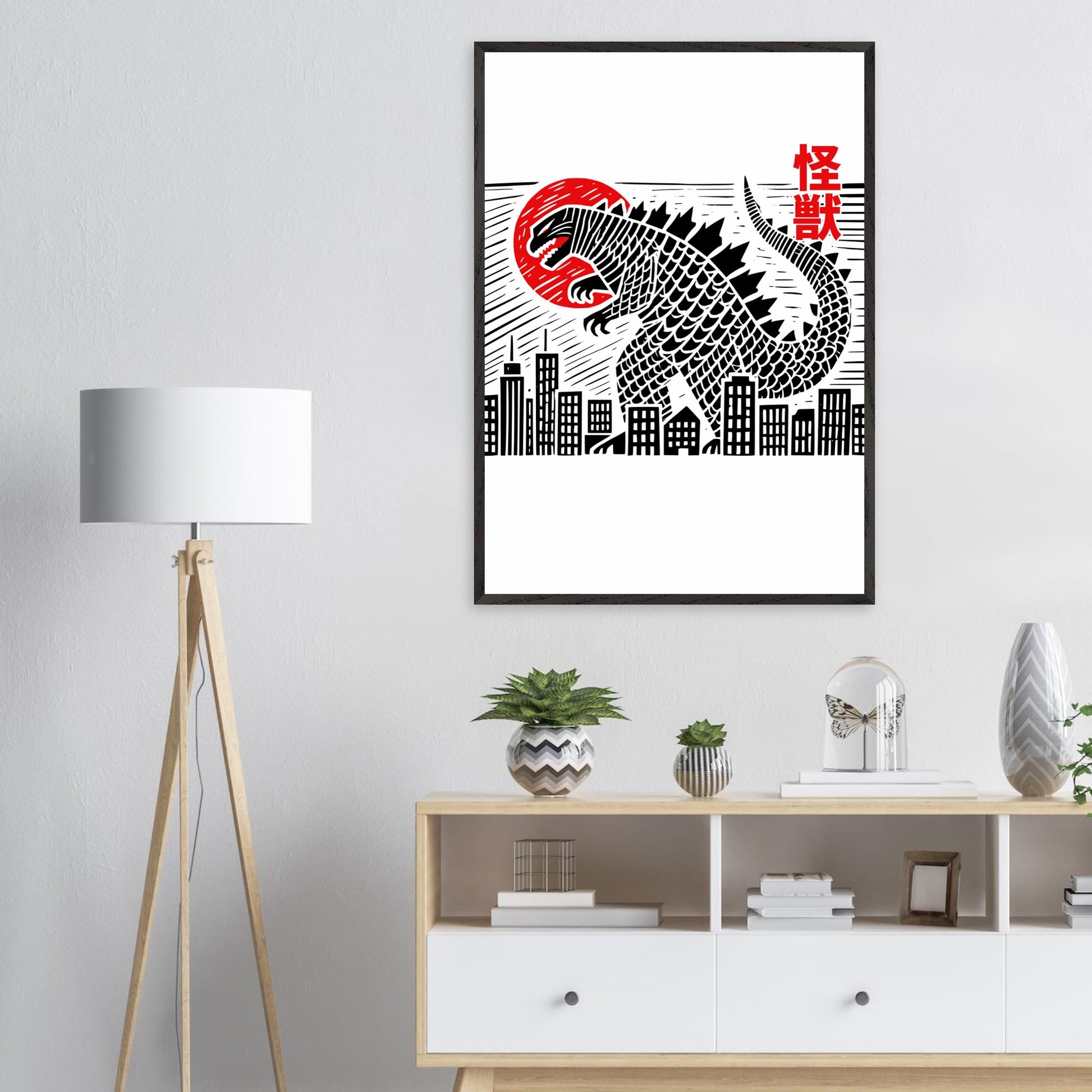 Japanese Block Print Style Mounted Framed Poster – Kaiju Godzilla Cityscape Art - Rampage Design Studio
