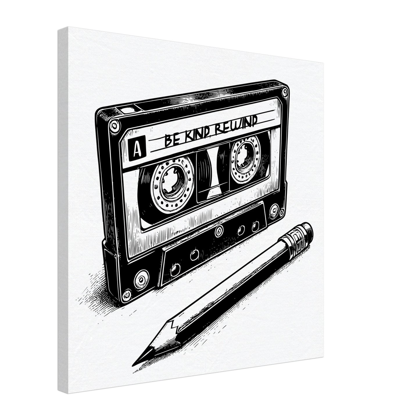 Be Kind Rewind Canvas Print, Retro Cassette Tape & Pencil Illustration, cassette tape sign, music lovers gift, record shop sign - Rampage Design Studio