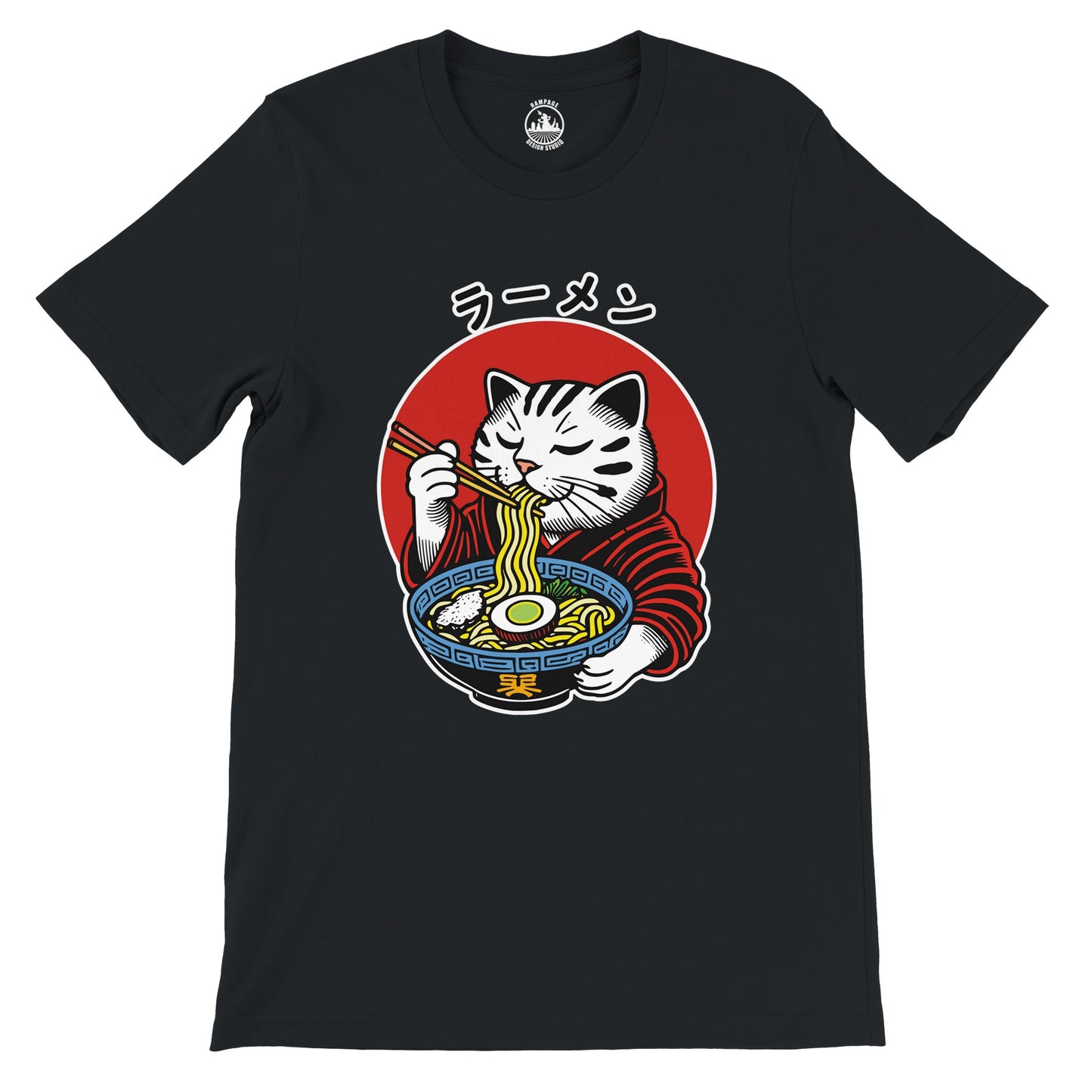 Ramen Cat T-Shirt, Japanese print Tee, Cat lover t-shirt, Soft Cotton Tee with Block Print and Japanese Text, Japanese Food shirt - Rampage Design Studio