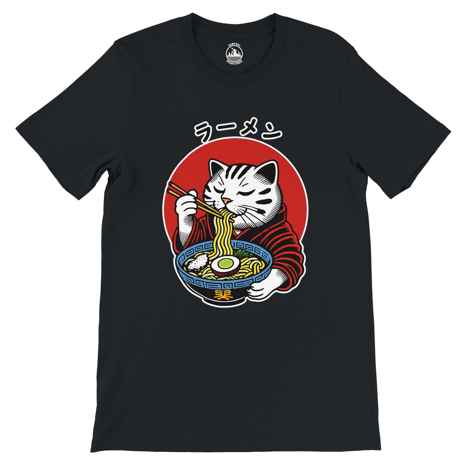 Ramen Cat T-Shirt, Japanese print Tee, Cat lover t-shirt, Soft Cotton Tee with Block Print and Japanese Text, Japanese Food shirt - Rampage Design Studio