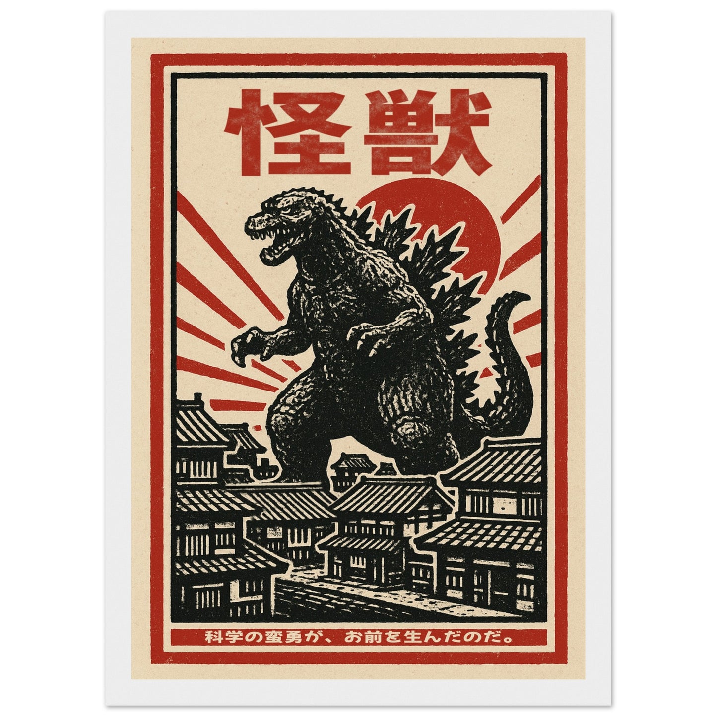 Retro Godzilla Kaiju Framed Poster – Japanese Vintage Monster Movie Wall Art Print - White, Wood, Dark Wood or Black Frame - Rampage Design Studio