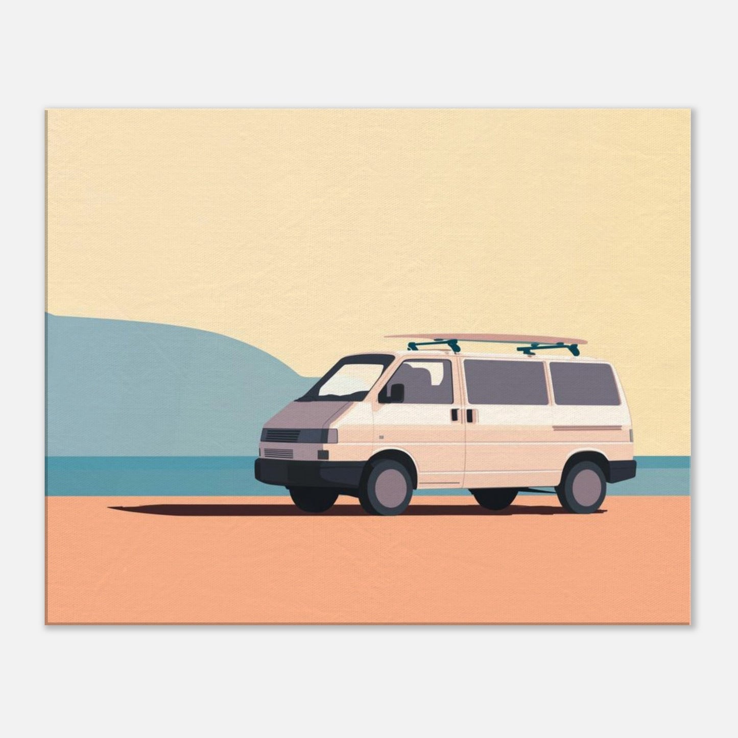 “Waiting for the Waves” – Minimalist VW Camper Van Canvas Print, Surf-Inspired Coastal Wall Art, Digital Artwork by Rampage Design Studio - Rampage Design Studio