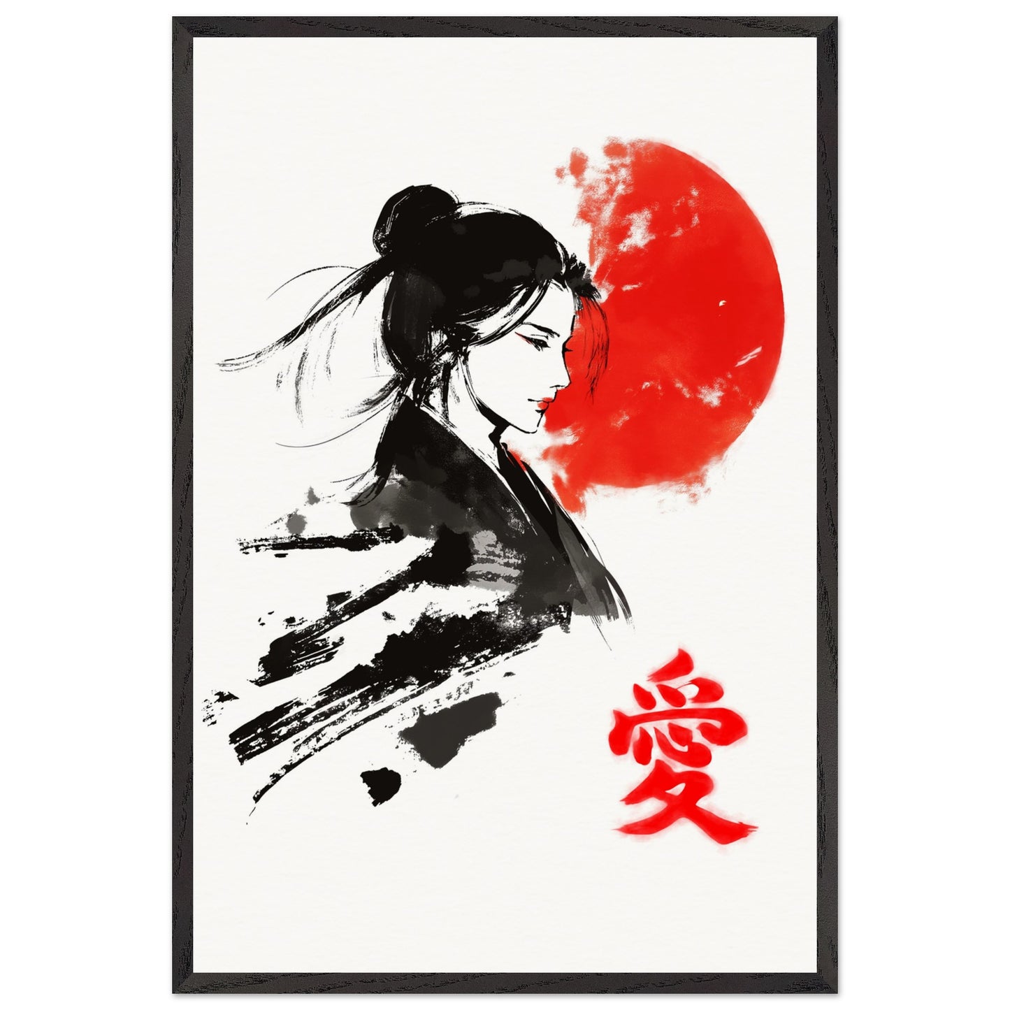 Japanese Woman Art Print Rising Sun Love Kanji Elegant Sumi-e Wall Decor Japanese Art Poster Love Poster - Rampage Design Studio