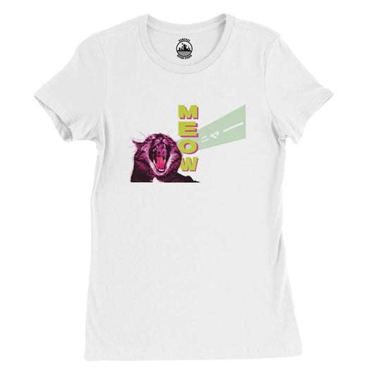 Women's Retro Cat T-Shirt, Gift for cat lovers, Japanese graphics, Bold Pixel Art Design with 'MEOW' Typography, meow cat t-shirt, comic book style tee - Rampage Design Studio