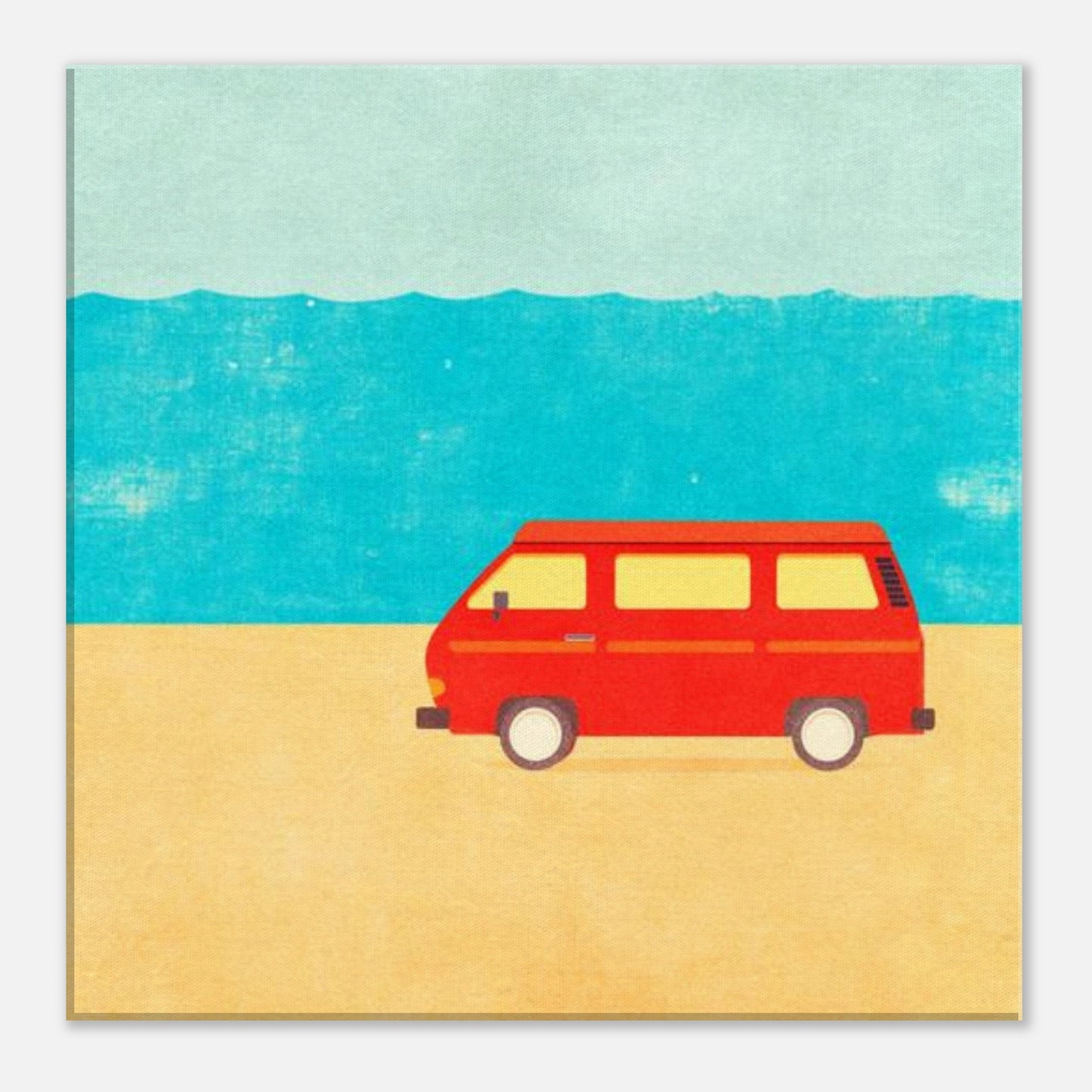 Minimalist VW Camper Van Beach Canvas – Retro Coastal Wall Art, Van Life Decor, Red Camper Print for Travel Lovers - Rampage Design Studio