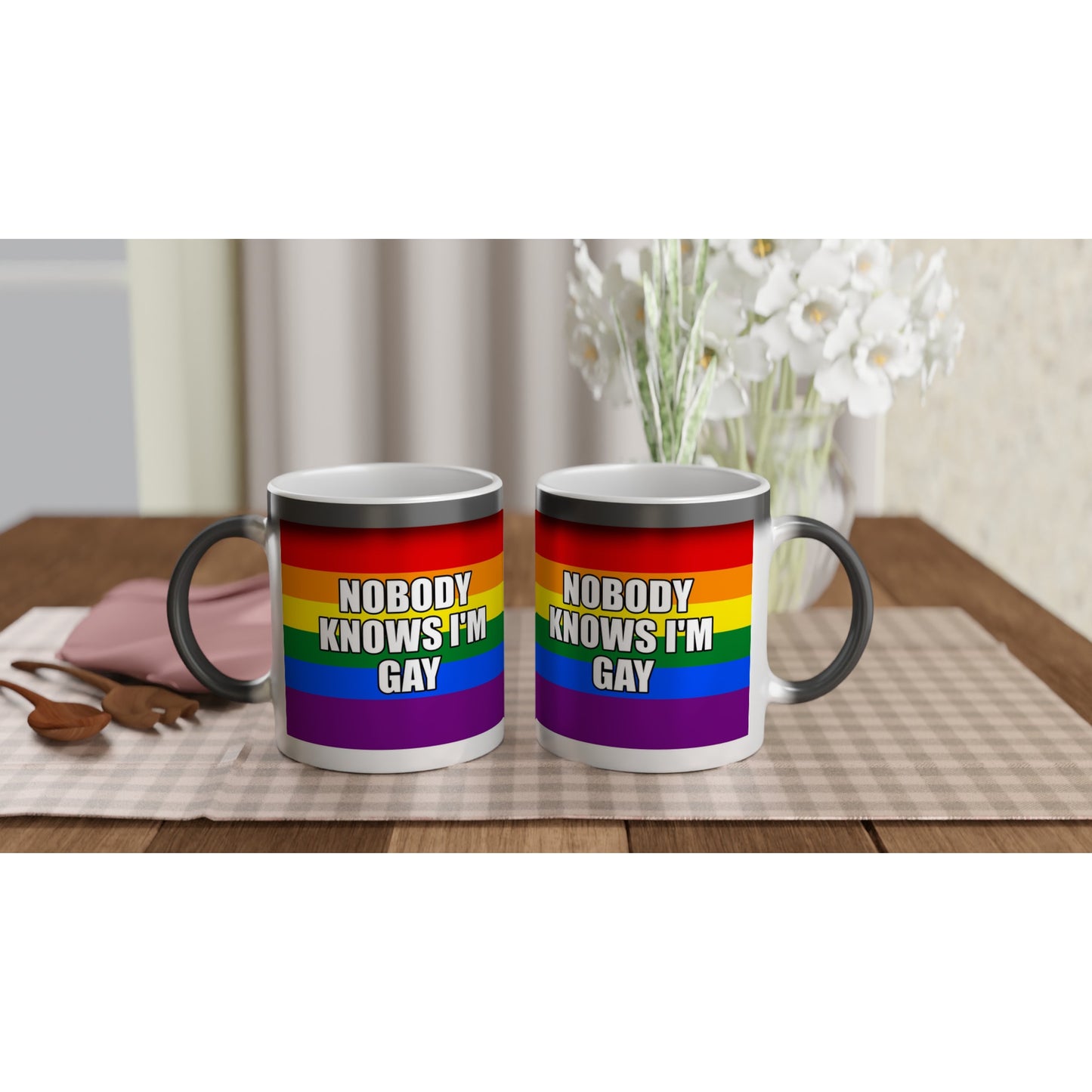 Funny Heat Reveal Mug, 'NOBODY KNOWS I'M GAY' Design, Rainbow Colour Mug, Black Glossy Finish, LGBTQ+ Design Mug, Colour Changing Mug - Rampage Design Studio