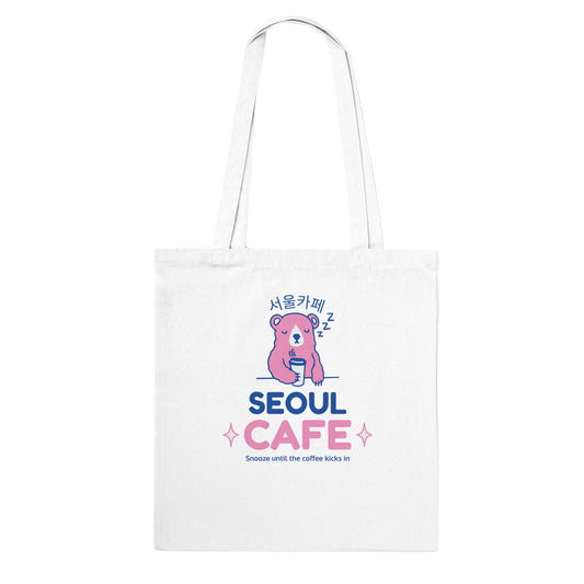 Snoozing Bear Tote Bag – Eco-Friendly Cotton with ‘Seoul Cafe’ Design - Rampage Design Studio