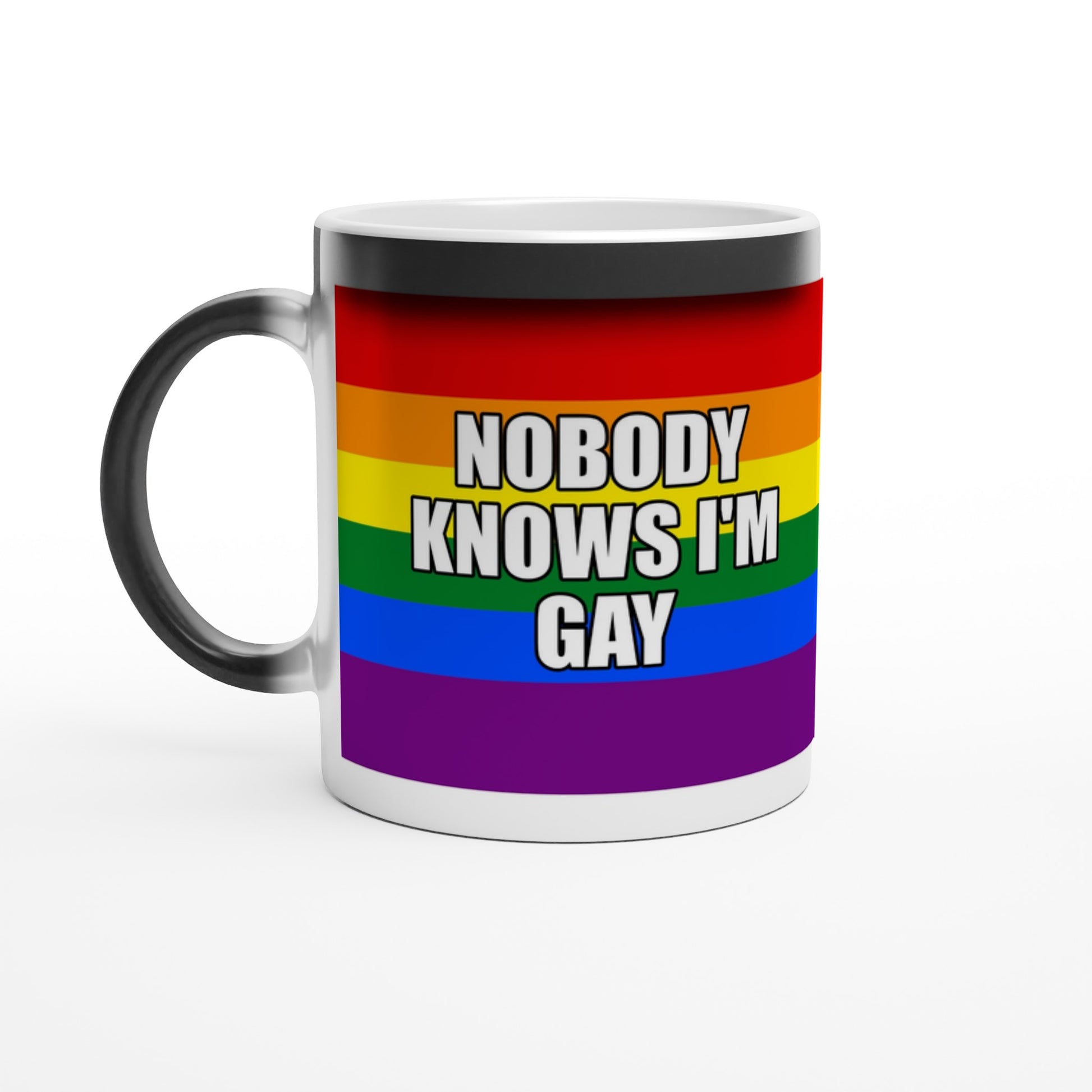 Funny Heat Reveal Mug, 'NOBODY KNOWS I'M GAY' Design, Rainbow Colour Mug, Black Glossy Finish, LGBTQ+ Design Mug, Colour Changing Mug - Rampage Design Studio