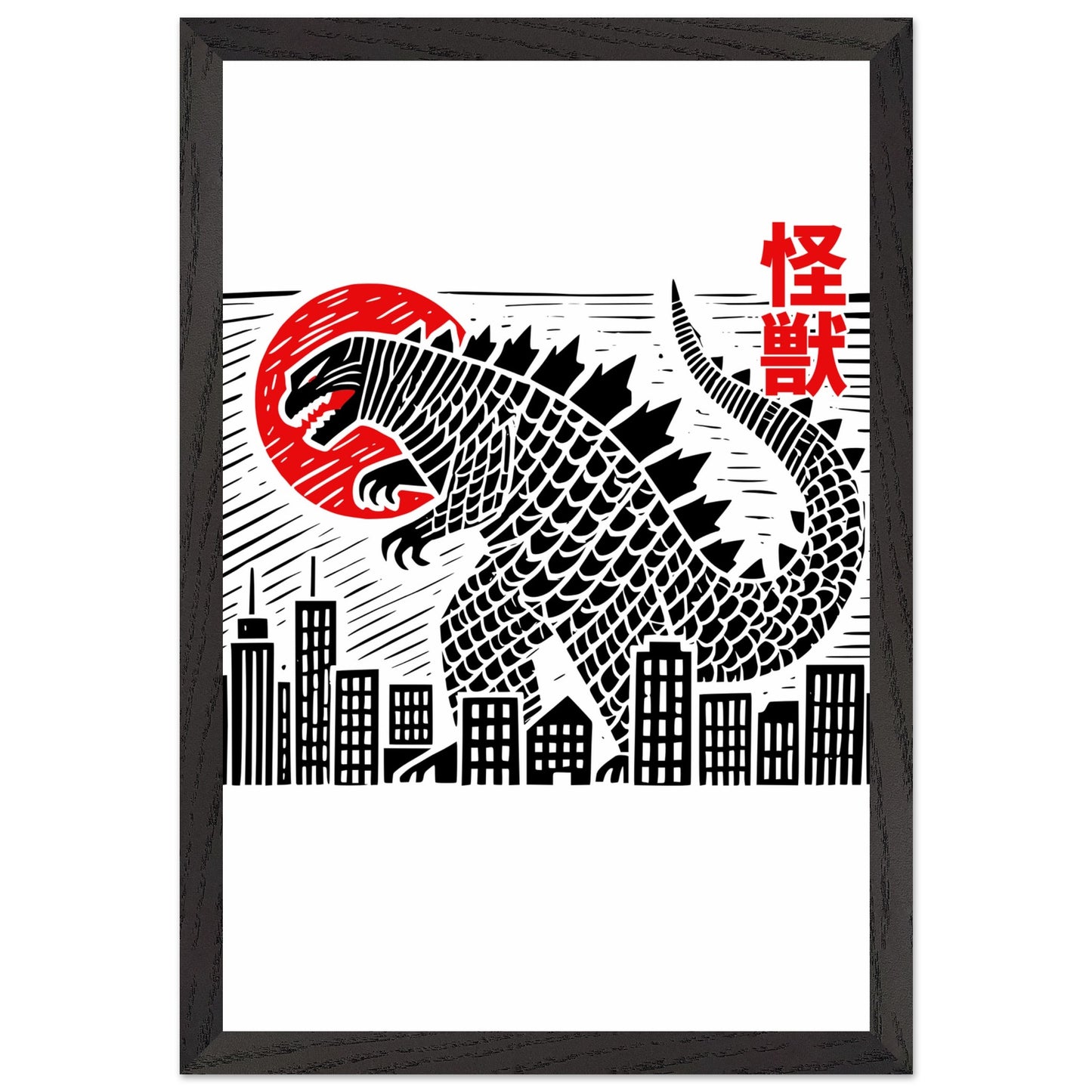 Japanese Block Print Style Mounted Framed Poster – Kaiju Godzilla Cityscape Art - Rampage Design Studio