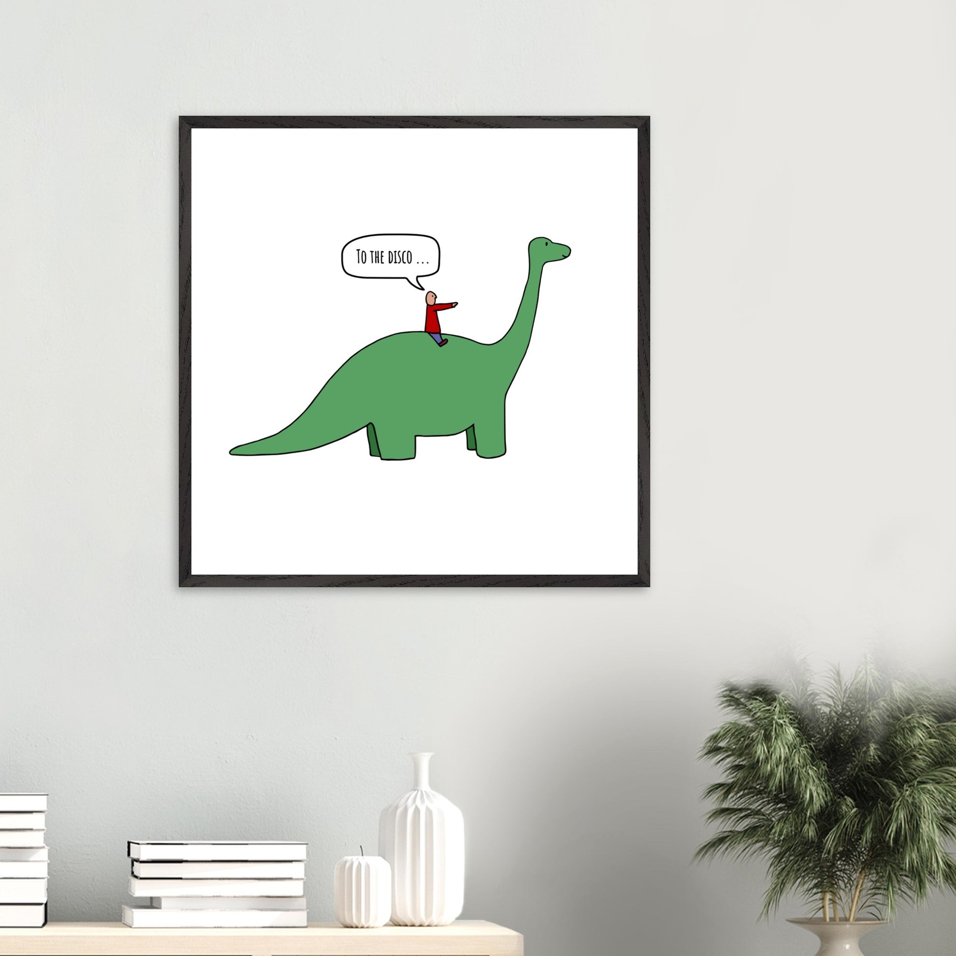Funny Dinosaur Framed Poster, To The Disco, Dance Themed Art, Music Art, Dinosaur Art, Cartoon Decor, Ready-to-Hang, Sustainable Wood Frame, Perfect for Kids' Rooms - Rampage Design Studio