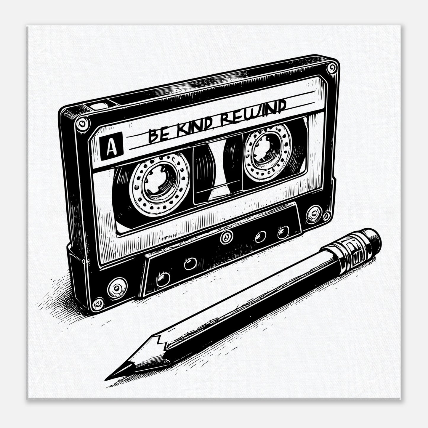 Be Kind Rewind Canvas Print, Retro Cassette Tape & Pencil Illustration, cassette tape sign, music lovers gift, record shop sign - Rampage Design Studio