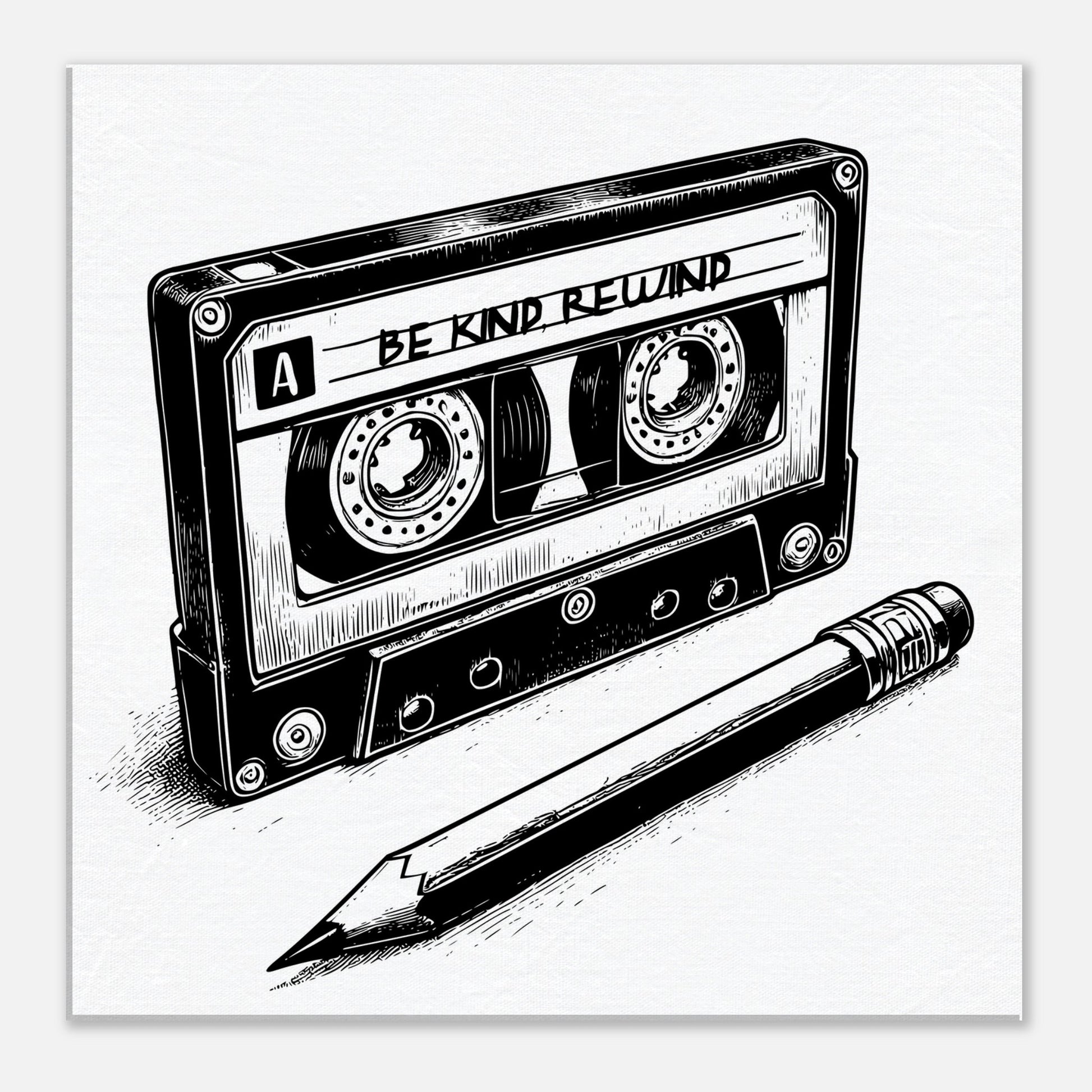 Be Kind Rewind Canvas Print, Retro Cassette Tape & Pencil Illustration, cassette tape sign, music lovers gift, record shop sign - Rampage Design Studio