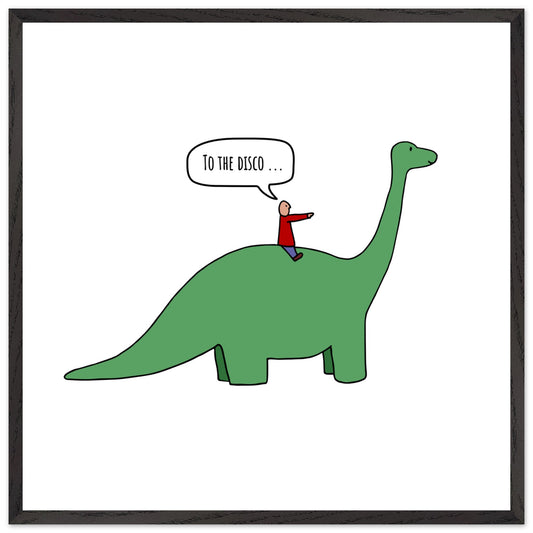 Funny Dinosaur Framed Poster, To The Disco, Dance Themed Art, Music Art, Dinosaur Art, Cartoon Decor, Ready-to-Hang, Sustainable Wood Frame, Perfect for Kids' Rooms - Rampage Design Studio
