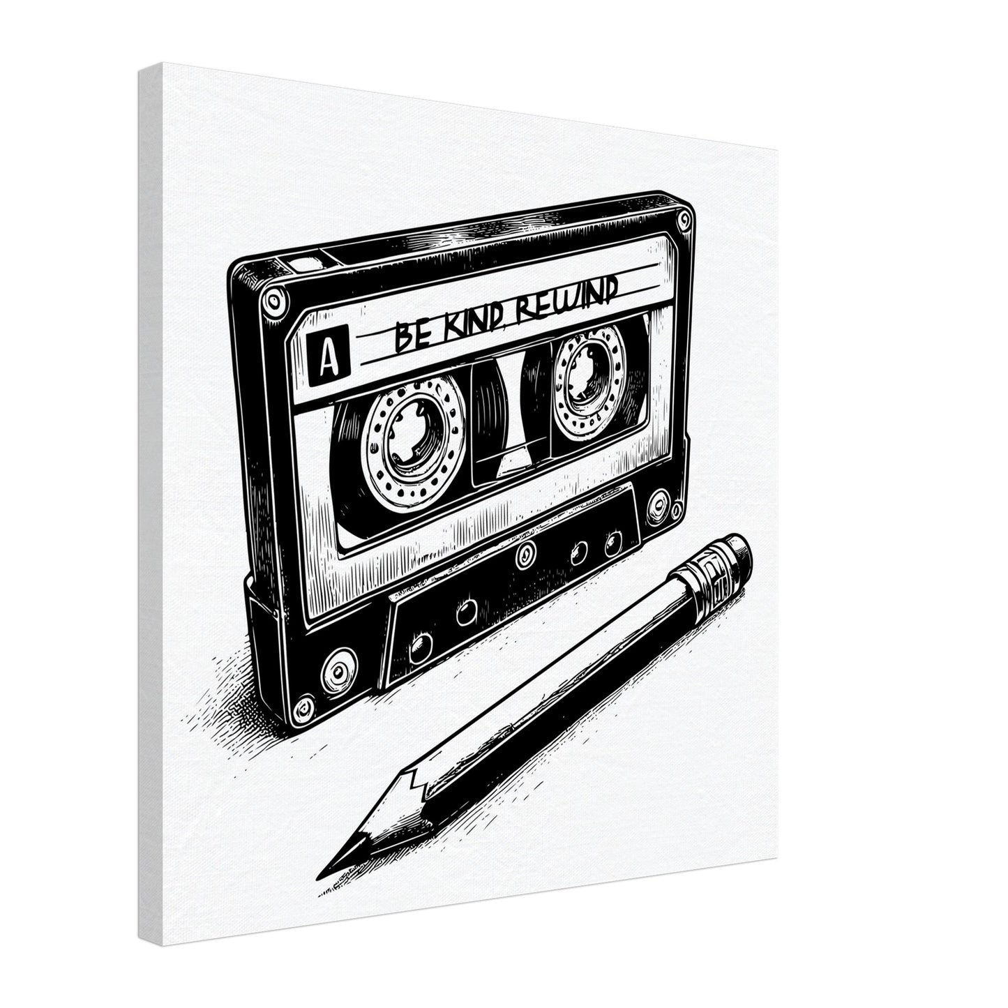 Be Kind Rewind Canvas Print, Retro Cassette Tape & Pencil Illustration, cassette tape sign, music lovers gift, record shop sign - Rampage Design Studio