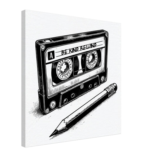 Be Kind Rewind Canvas Print, Retro Cassette Tape & Pencil Illustration, cassette tape sign, music lovers gift, record shop sign - Rampage Design Studio