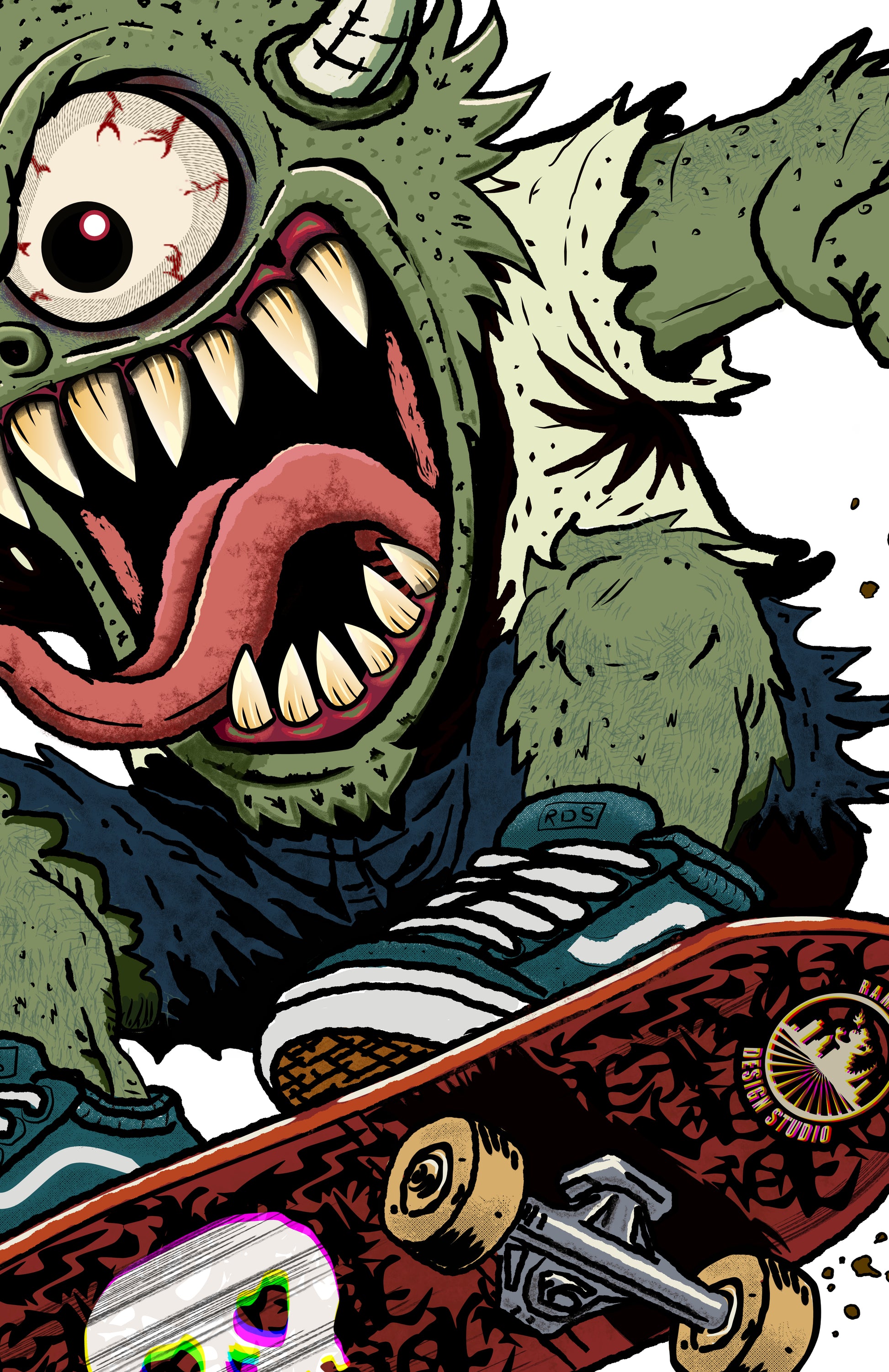 A stylized illustrated monster with a large single eye, sharp teeth, and an open mouth, shown riding a skateboard. The artwork uses bold black outlines, green skin tones, red tongue and board graphics, and white background areas.