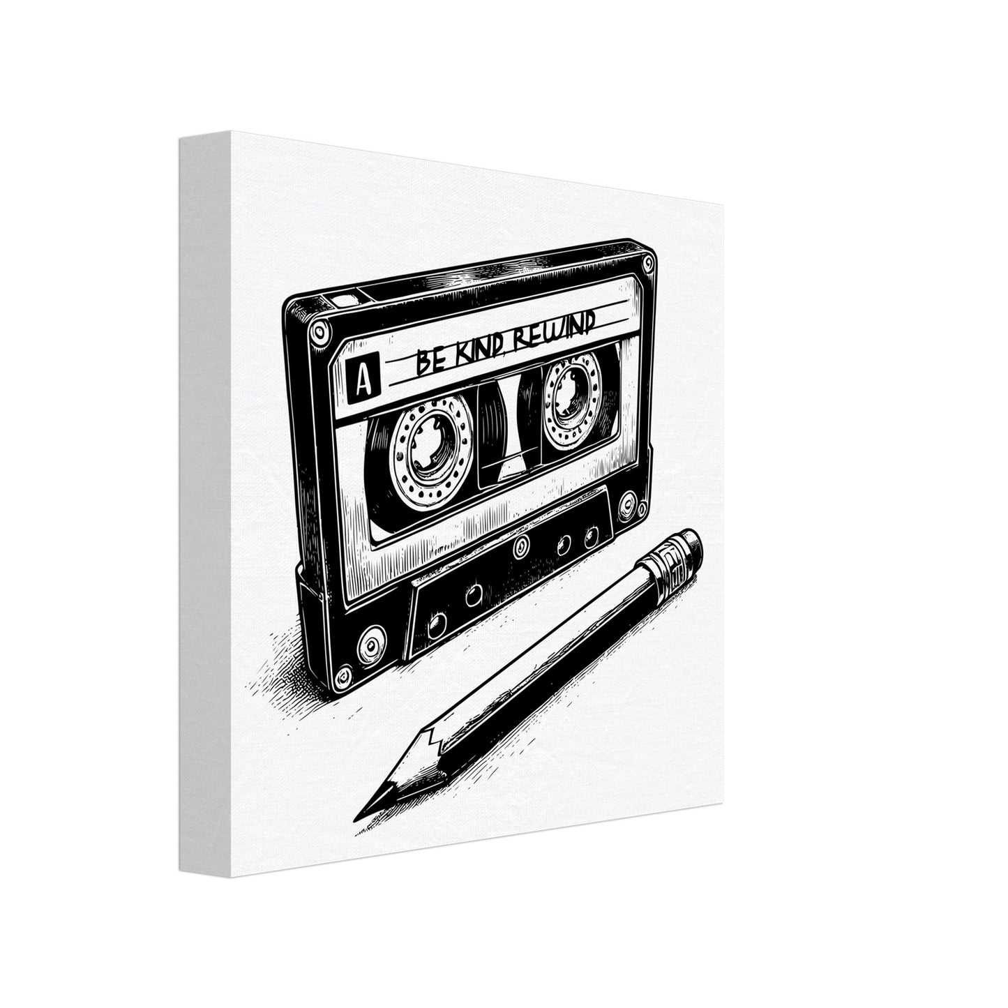 Be Kind Rewind Canvas Print, Retro Cassette Tape & Pencil Illustration, cassette tape sign, music lovers gift, record shop sign - Rampage Design Studio