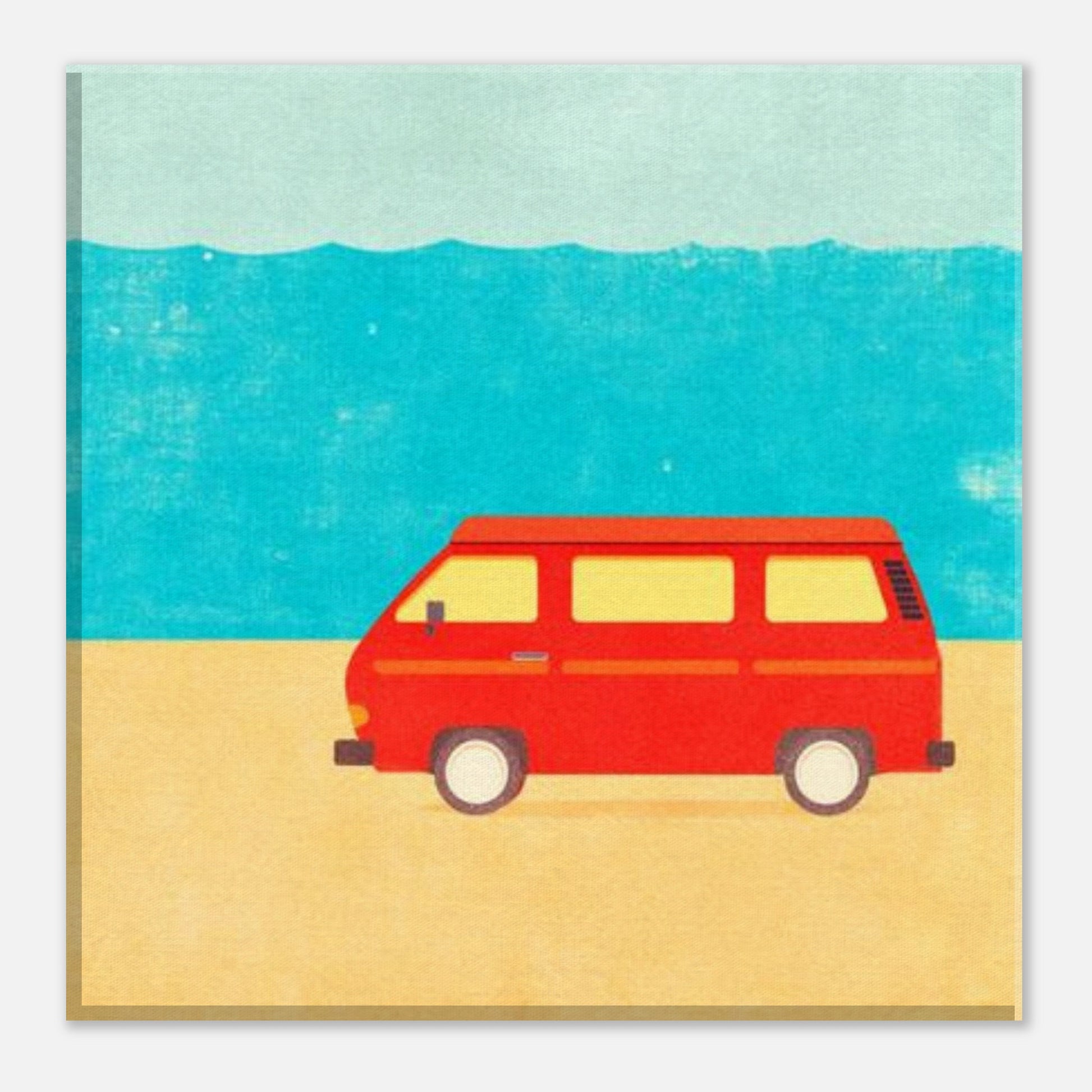 Minimalist VW Camper Van Beach Canvas – Retro Coastal Wall Art, Van Life Decor, Red Camper Print for Travel Lovers - Rampage Design Studio