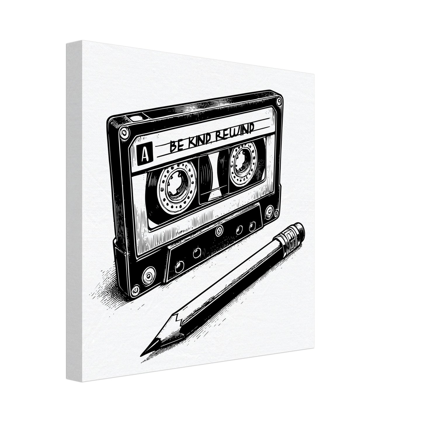 Be Kind Rewind Canvas Print, Retro Cassette Tape & Pencil Illustration, cassette tape sign, music lovers gift, record shop sign - Rampage Design Studio