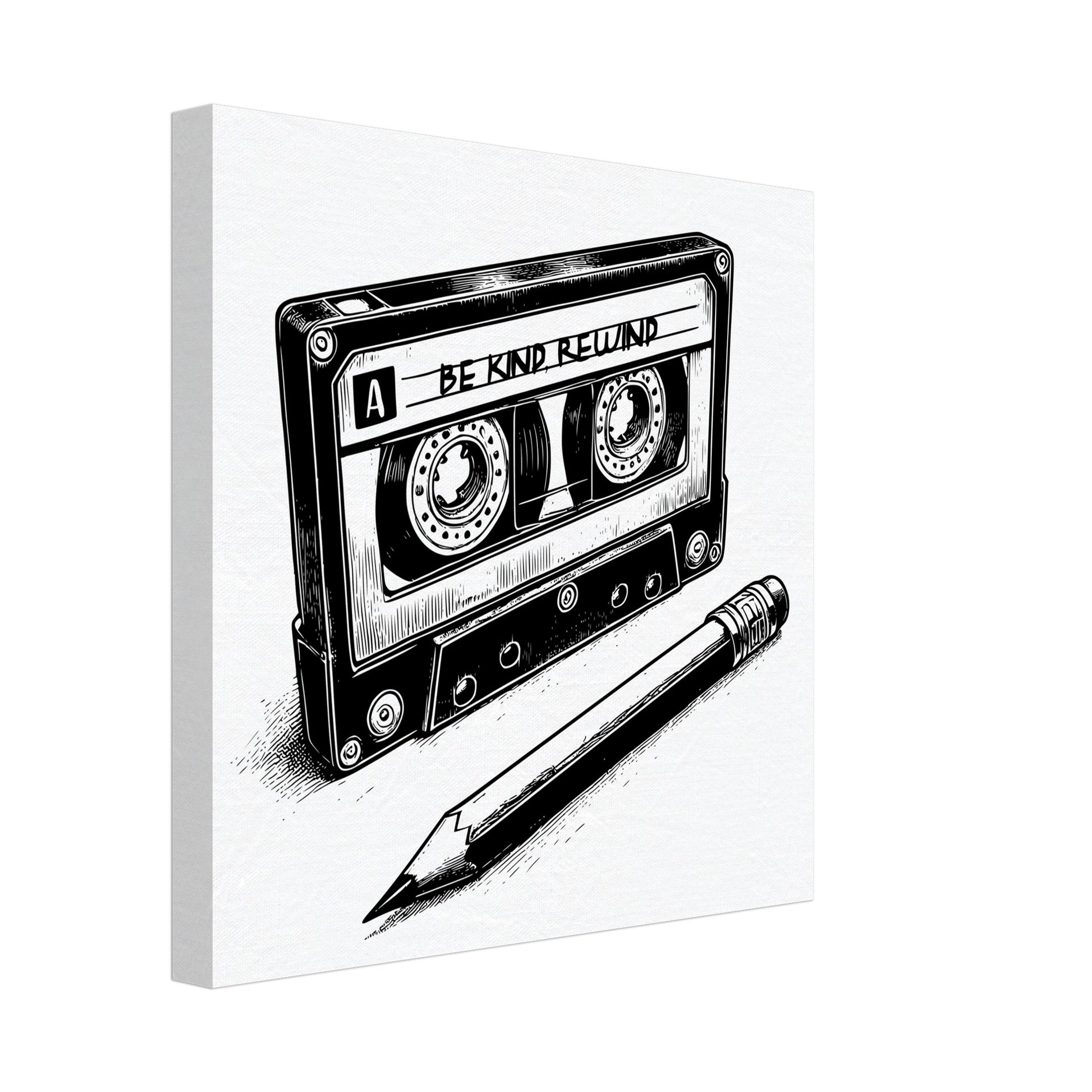 Be Kind Rewind Canvas Print, Retro Cassette Tape & Pencil Illustration, cassette tape sign, music lovers gift, record shop sign - Rampage Design Studio