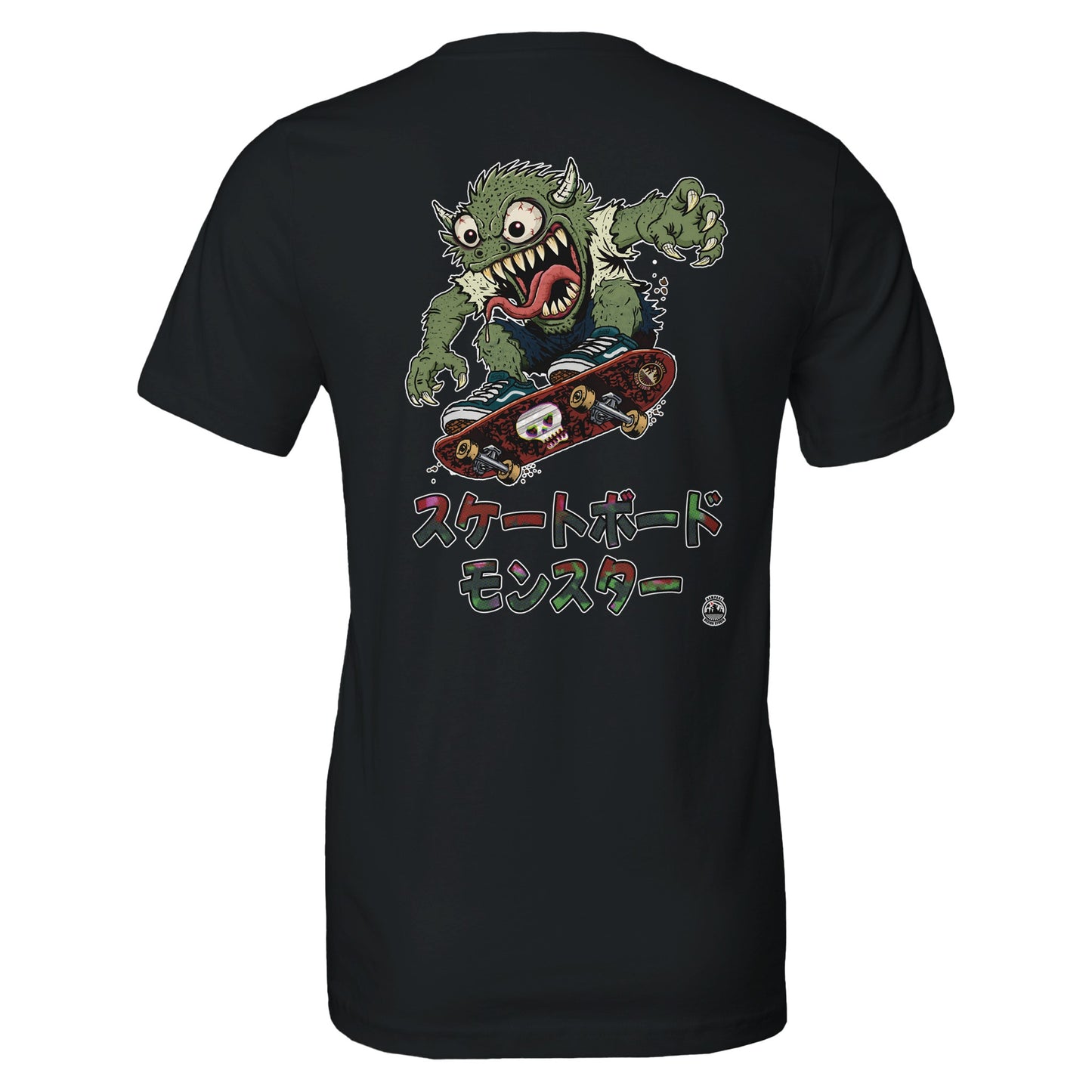 A black short-sleeve t-shirt shown from the back, featuring a large graphic of a green cartoon monster riding a skateboard with Japanese text below.