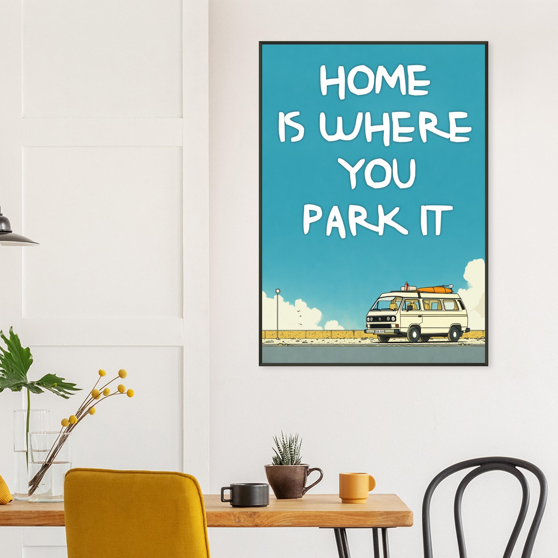 “Home Is Where You Park It” Camper Van Classic Matte Paper Metal Framed Poster – Retro VW Print, Van Life Wall Art, Coastal Adventure Decor, Gift for Van Lifers, Camping Gift - Rampage Design Studio