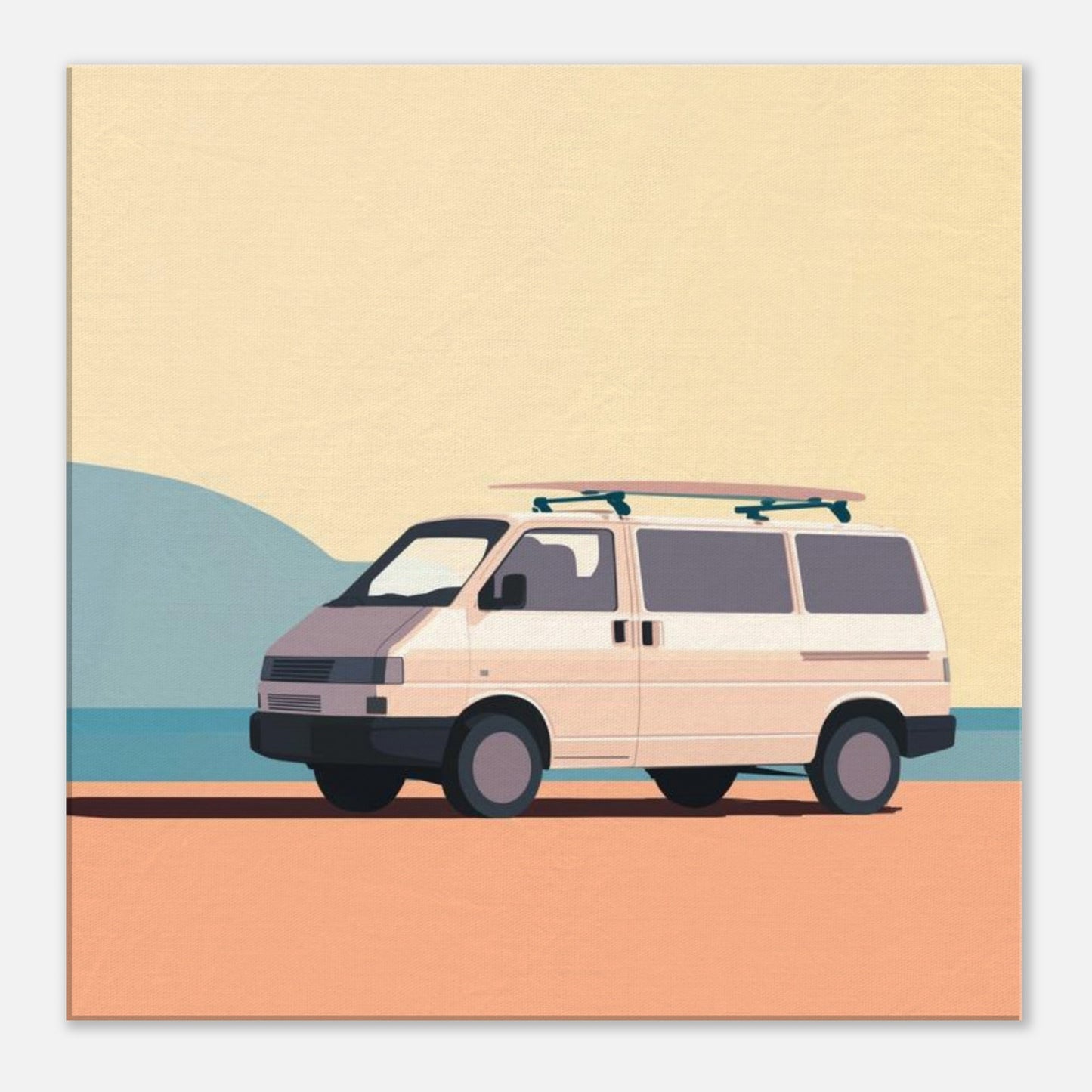 “Waiting for the Waves” – Minimalist VW Camper Van Canvas Print, Surf-Inspired Coastal Wall Art, Digital Artwork by Rampage Design Studio - Rampage Design Studio