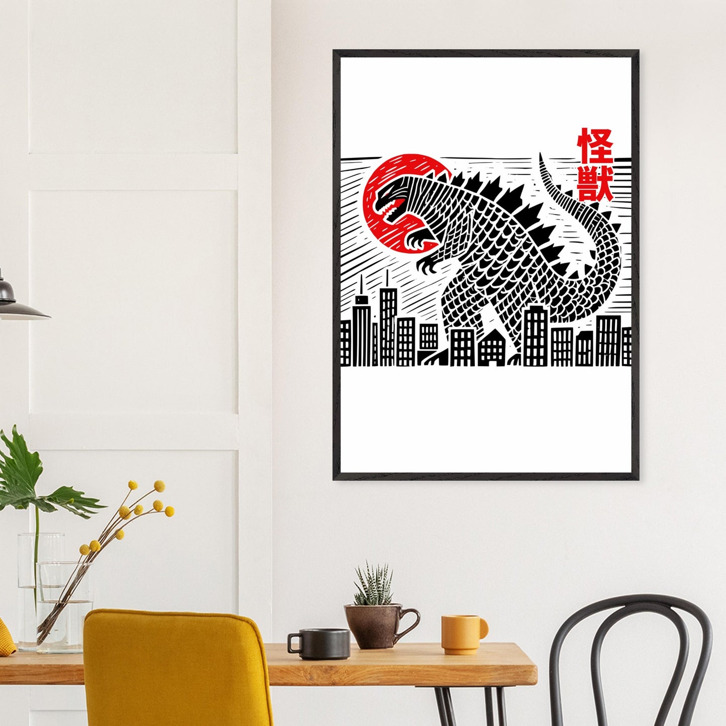 Japanese Block Print Style Mounted Framed Poster – Kaiju Godzilla Cityscape Art - Rampage Design Studio