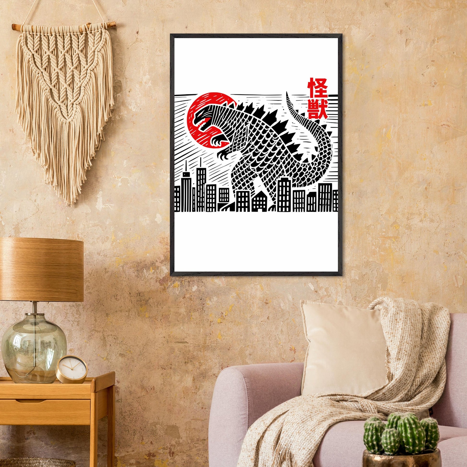 Japanese Block Print Style Mounted Framed Poster – Kaiju Godzilla Cityscape Art - Rampage Design Studio