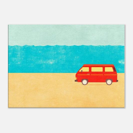 Minimalist VW Camper Van Beach Canvas – Retro Coastal Wall Art, Van Life Decor, Red Camper Print for Travel Lovers - Rampage Design Studio