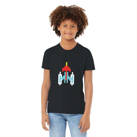 Galaxian Spaceship Kids Crewneck T-Shirt – Retro Gaming Tee for Young Fans - Rampage Design Studio