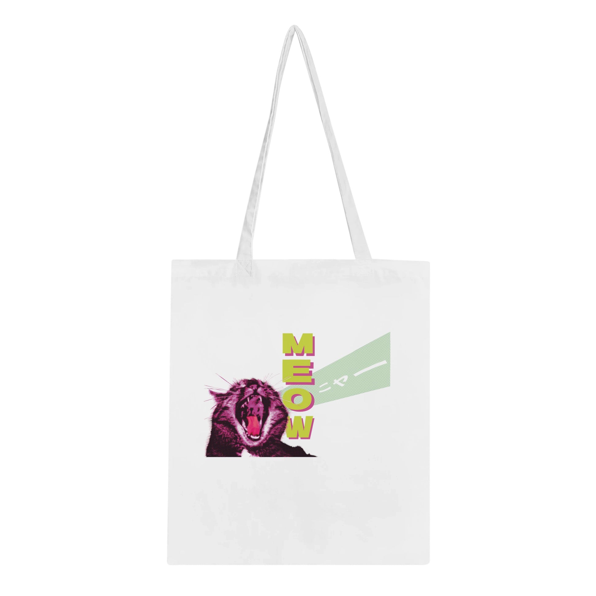 Bold Retro Cat Tote Bag, Gift for cat lovers, Meow tote bag, Cat design, Eco-Friendly, Colourful Design with 'MEOW' & Japanese Text - Rampage Design Studio