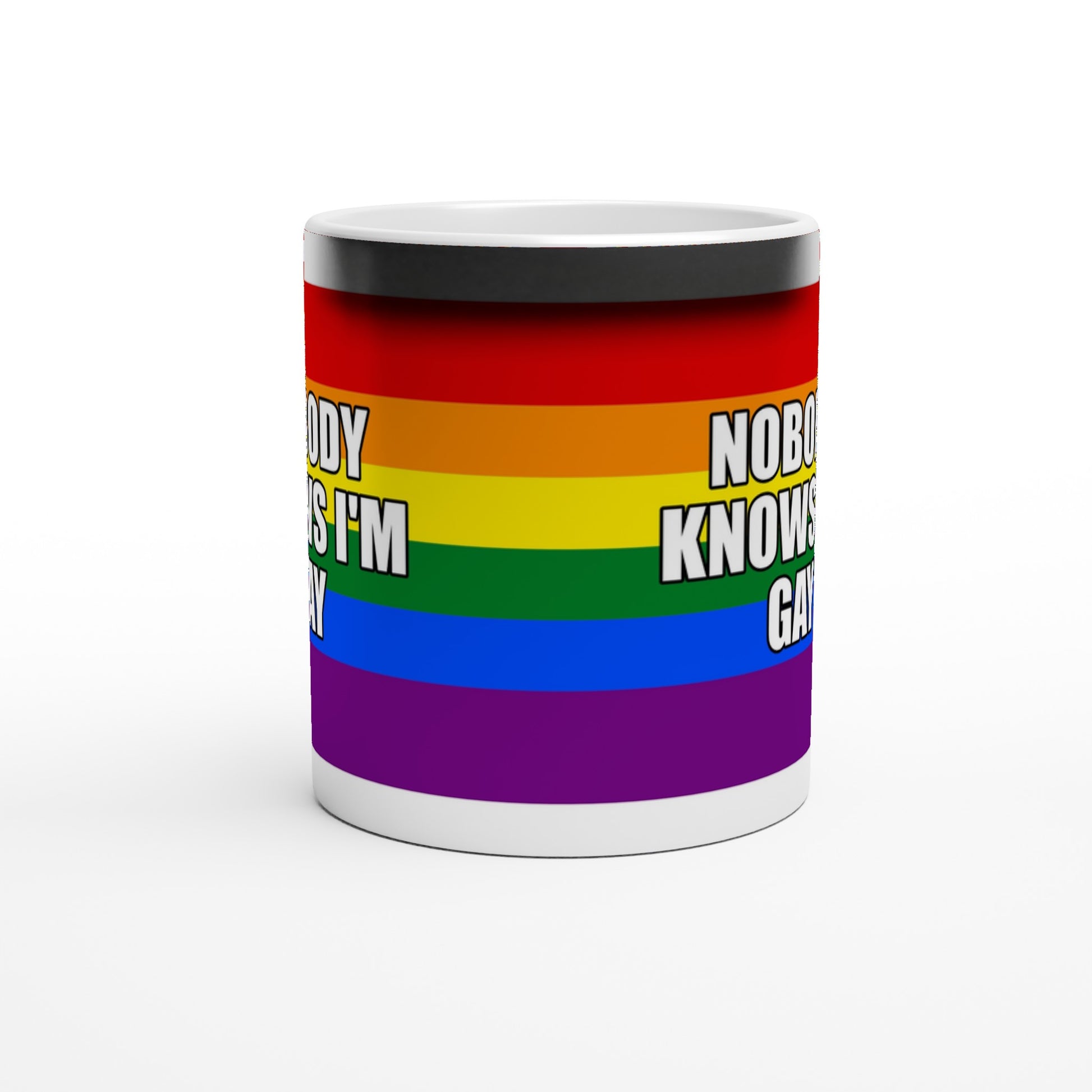 Funny Heat Reveal Mug, 'NOBODY KNOWS I'M GAY' Design, Rainbow Colour Mug, Black Glossy Finish, LGBTQ+ Design Mug, Colour Changing Mug - Rampage Design Studio