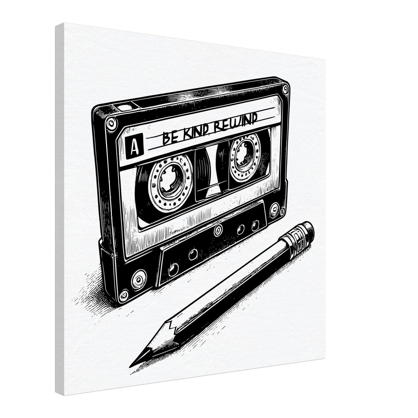 Be Kind Rewind Canvas Print, Retro Cassette Tape & Pencil Illustration, cassette tape sign, music lovers gift, record shop sign - Rampage Design Studio