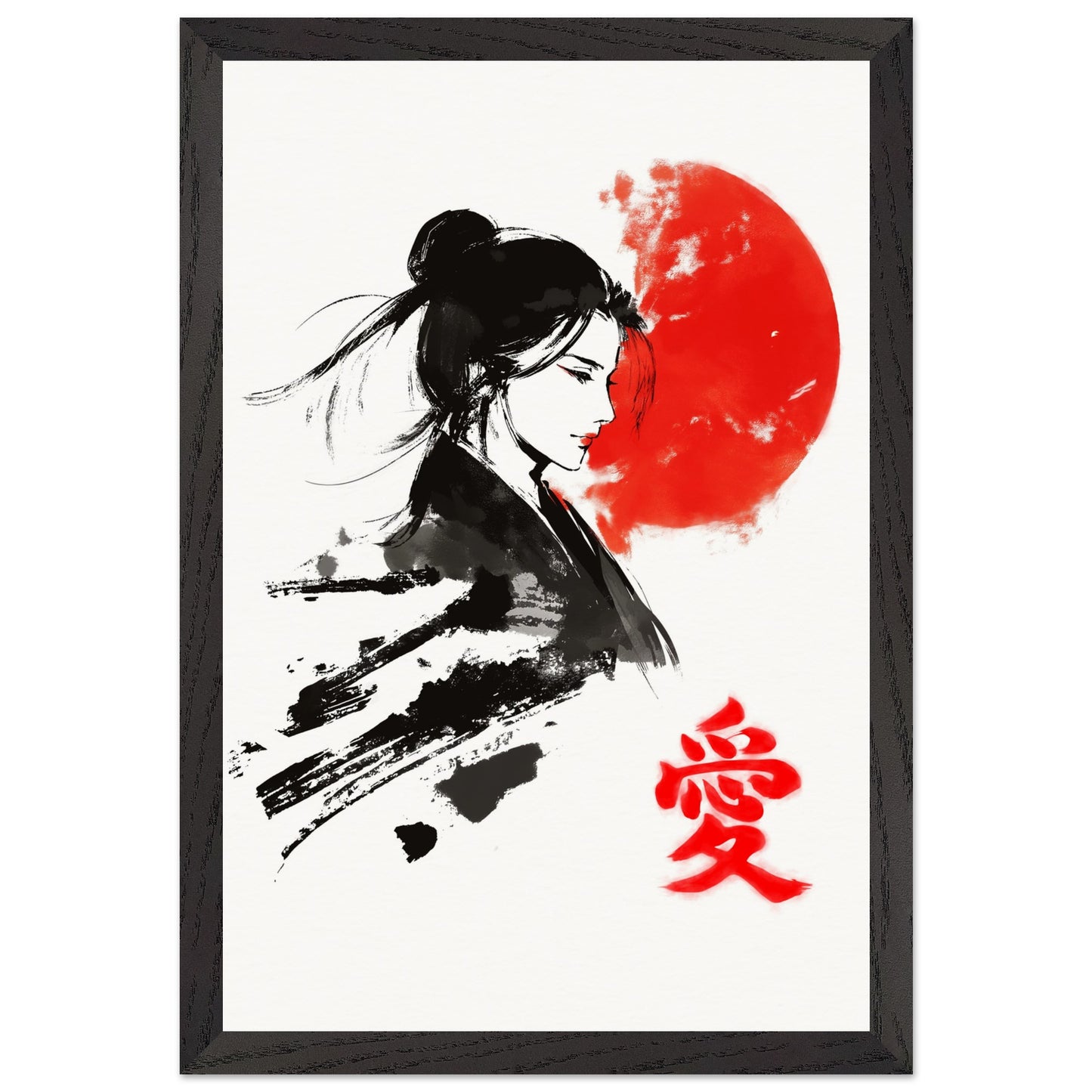 Japanese Woman Art Print Rising Sun Love Kanji Elegant Sumi-e Wall Decor Japanese Art Poster Love Poster - Rampage Design Studio
