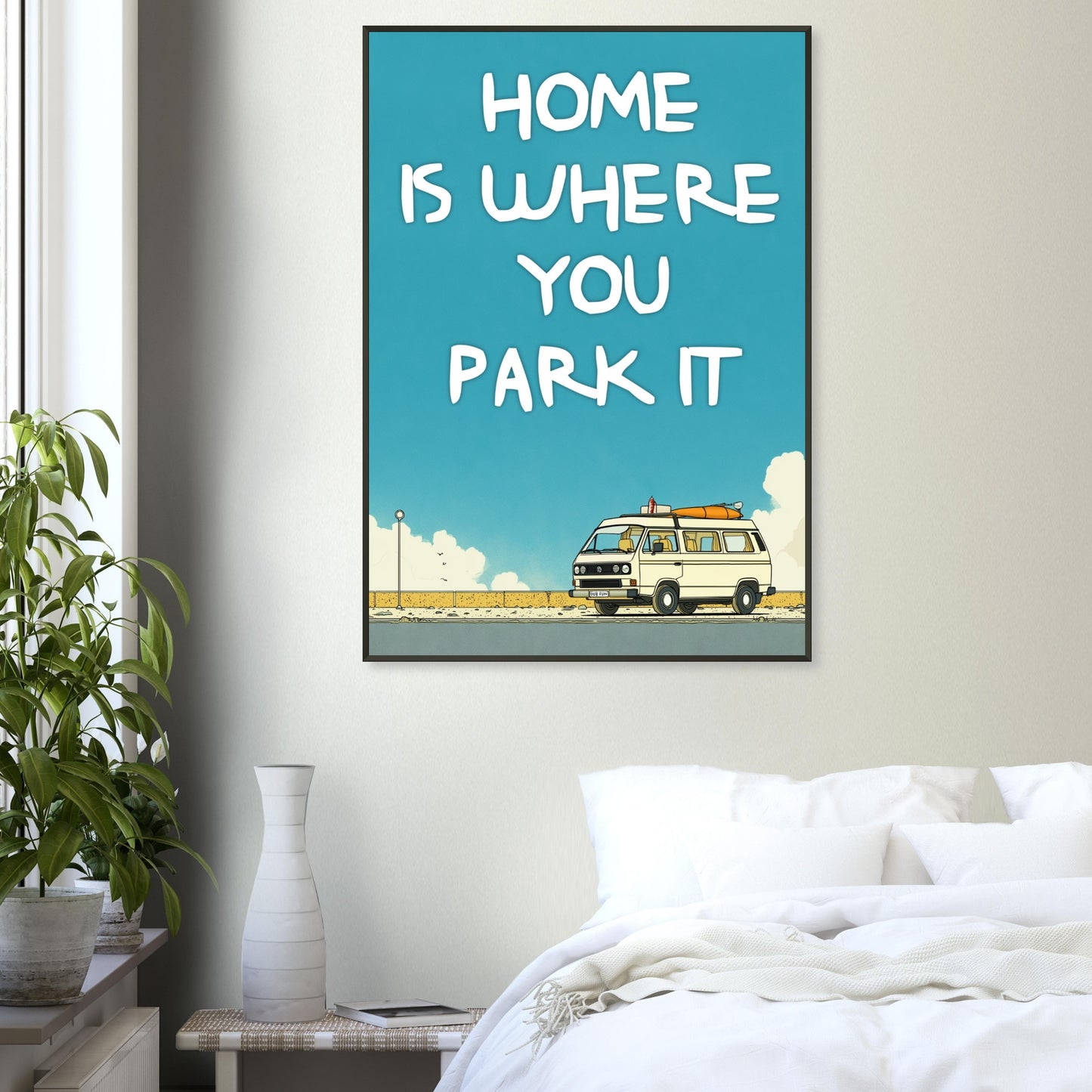 “Home Is Where You Park It” Camper Van Classic Matte Paper Metal Framed Poster – Retro VW Print, Van Life Wall Art, Coastal Adventure Decor, Gift for Van Lifers, Camping Gift - Rampage Design Studio