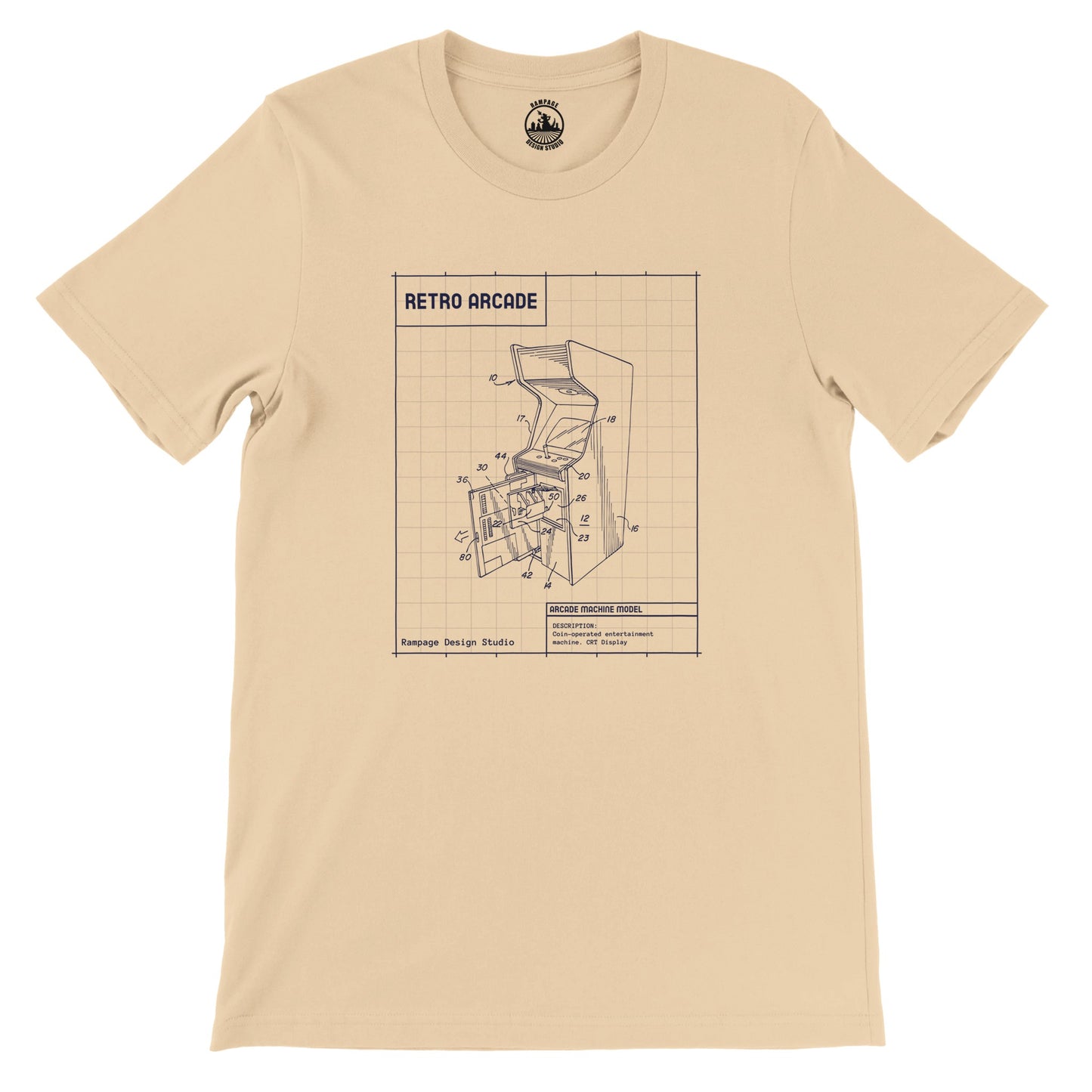 Retro Arcade Machine Blueprint T-Shirt – Soft, Eco-Friendly, Unisex Fit - Rampage Design Studio