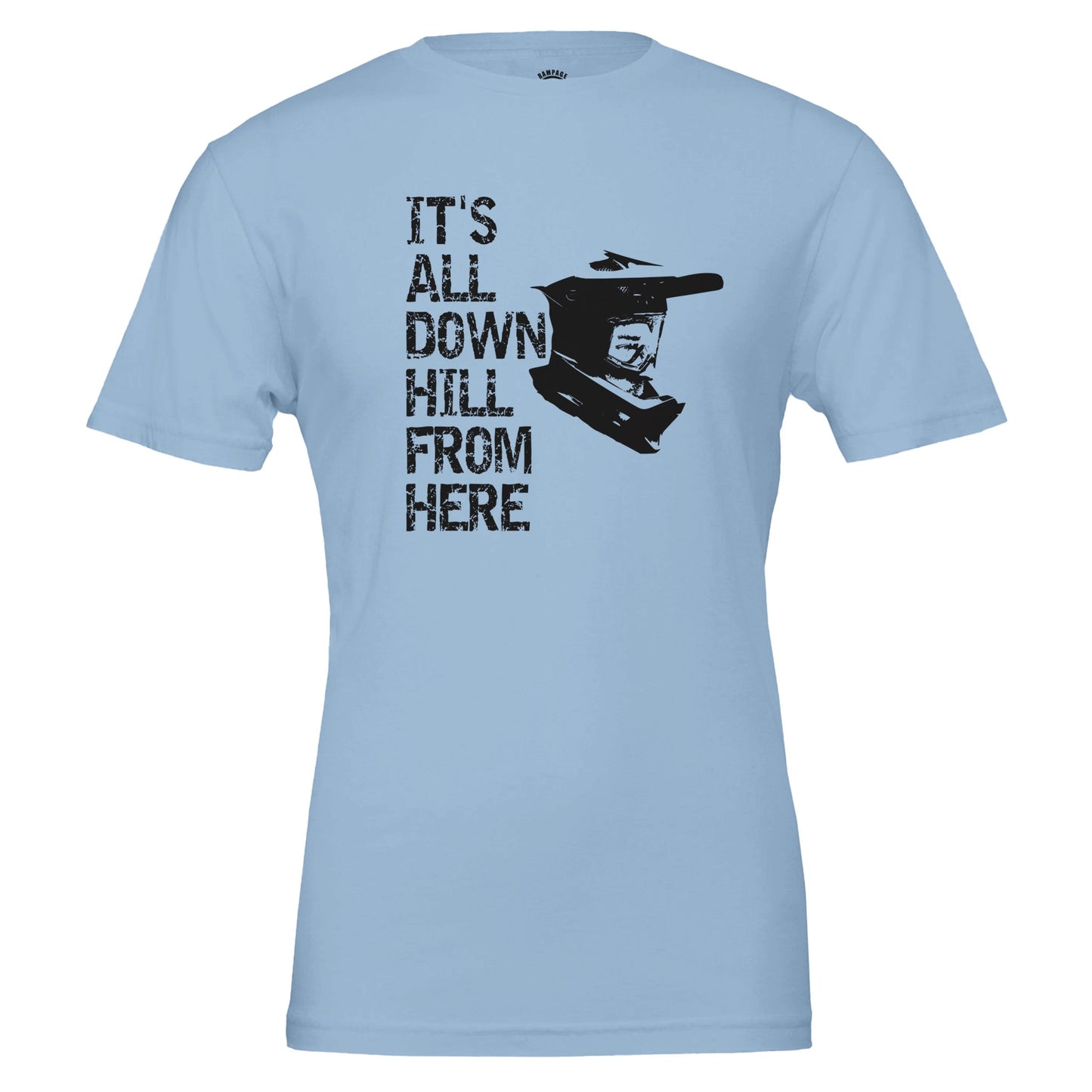 Mountain Biking T-Shirt  - 'It's All Downhill From Here' Helmet Design, Soft & Eco-Friendly - Rampage Design Studio