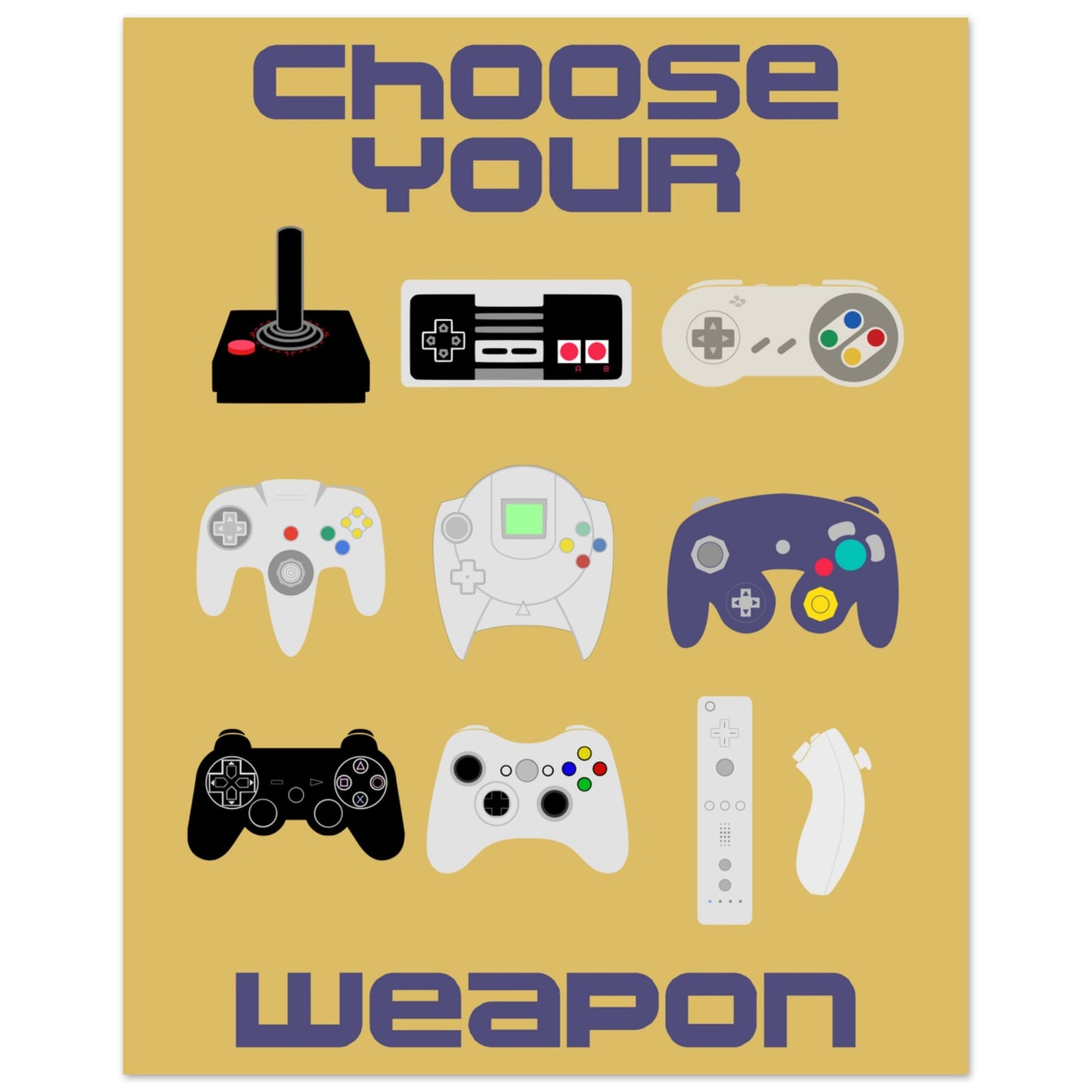Choose Your Weapon Retro Poster, Vintage Gaming Controllers Art Print, Gift for Gamers, Boys room poster, gaming room poster - Rampage Design Studio