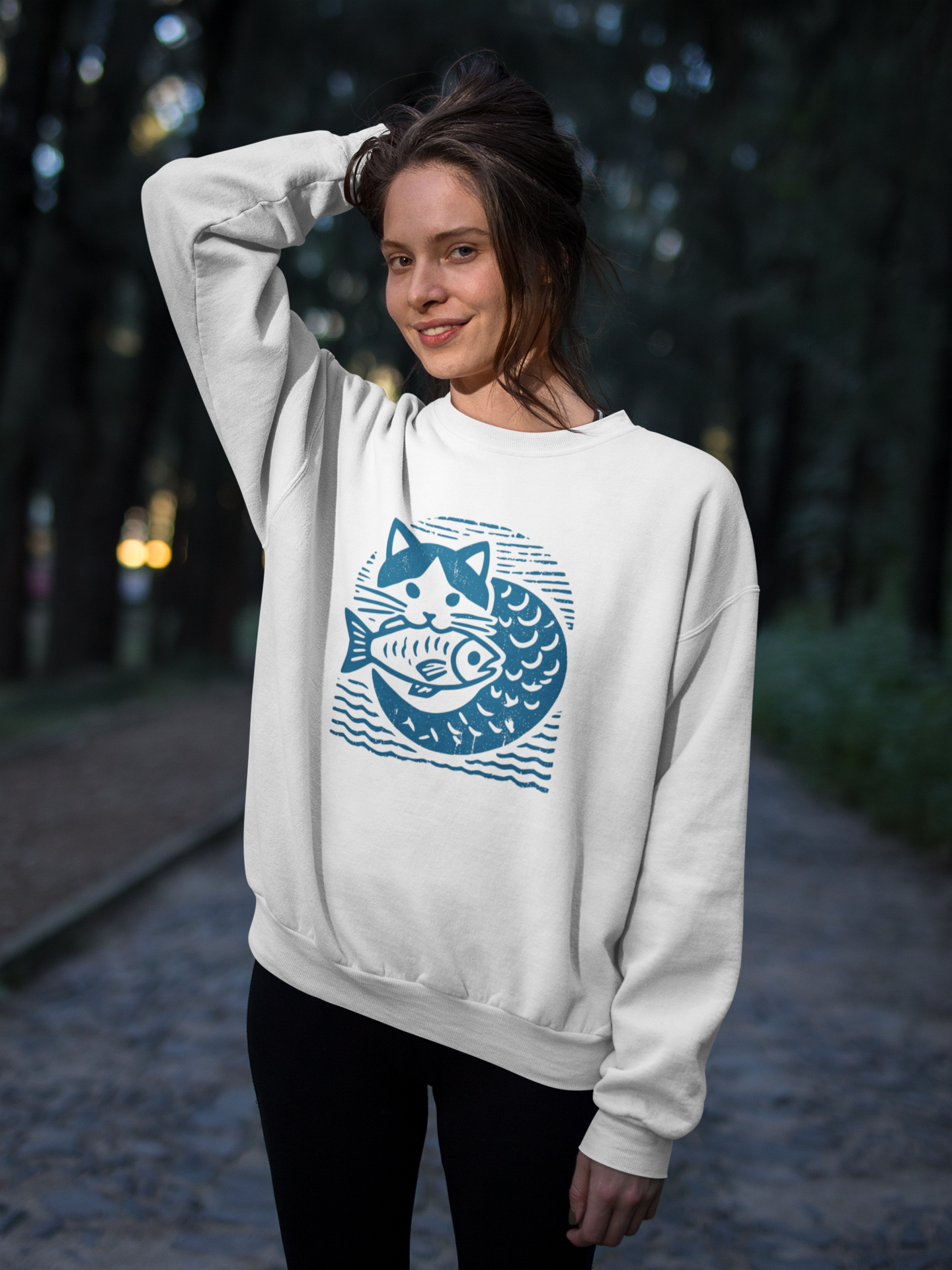 Cat & Fish Two-Tone Ink Block Print style Sweatshirt - Rampage Design Studio