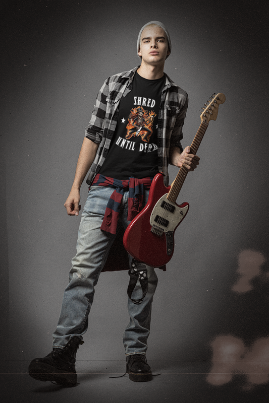 Flaming Skeleton Guitarist T-Shirt – 'Shred Until Dead' Graphic Tee in Soft Cotton - Rampage Design Studio