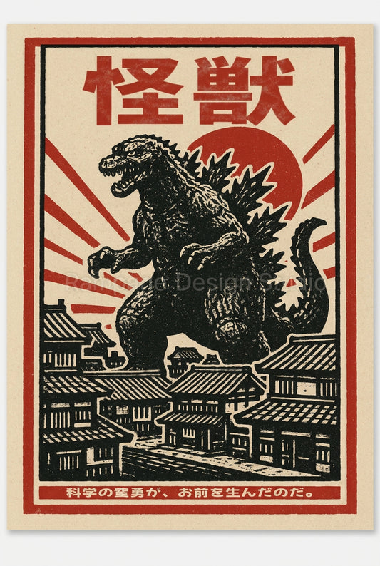 Retro Godzilla Kaiju Poster – Japanese Vintage Monster Movie Fine Art Poster - Rampage Design Studio