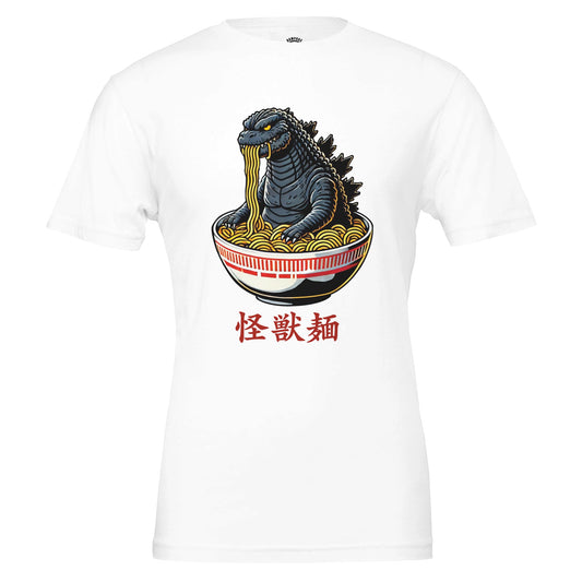 Kaiju Ramen T-Shirt, Humorous Godzilla Monster Eating Ramen, Soft Cotton Tee, Gojira T-Shirt, Gift for monster fans, Japanese Culture shirt - Rampage Design Studio