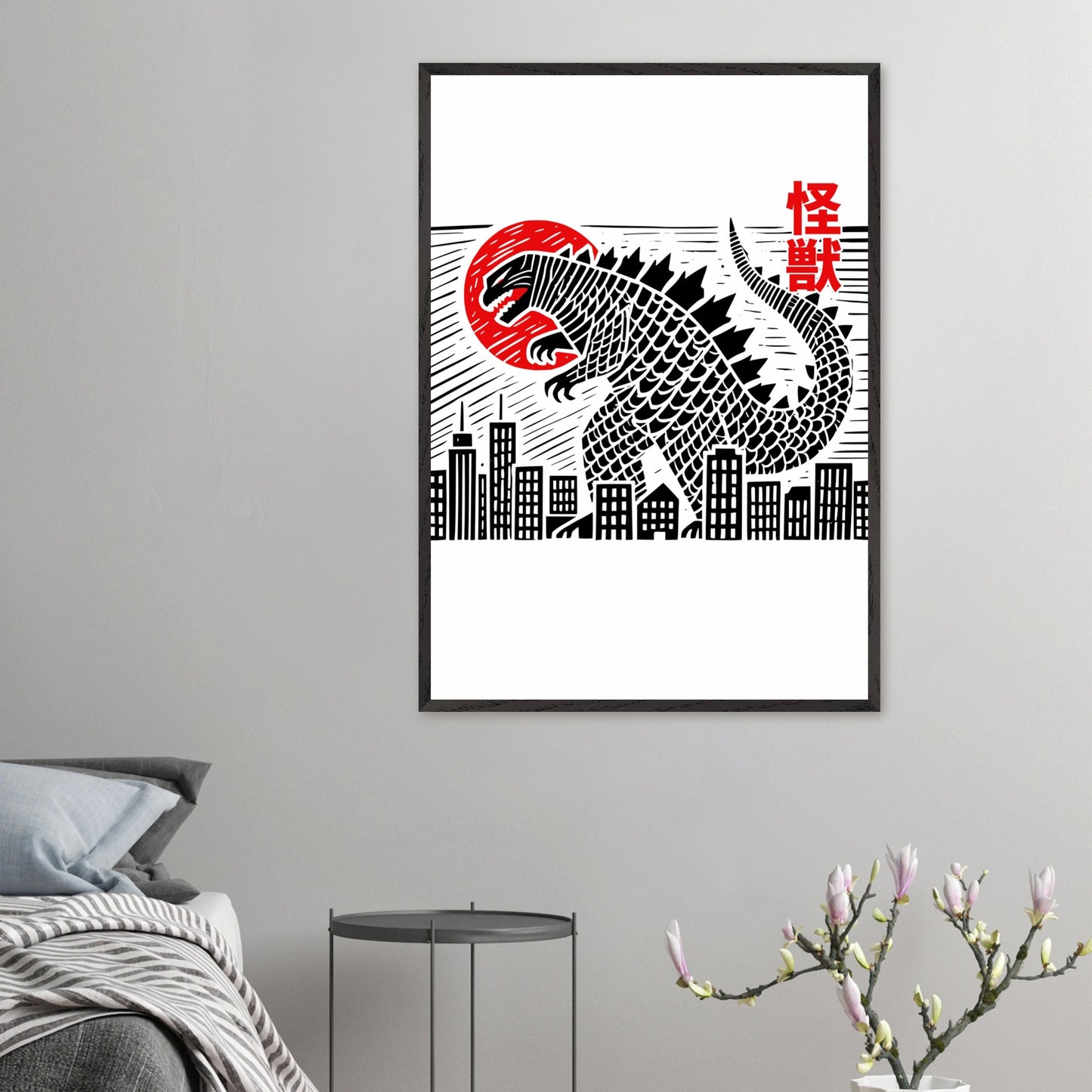 Japanese Block Print Style Mounted Framed Poster – Kaiju Godzilla Cityscape Art - Rampage Design Studio