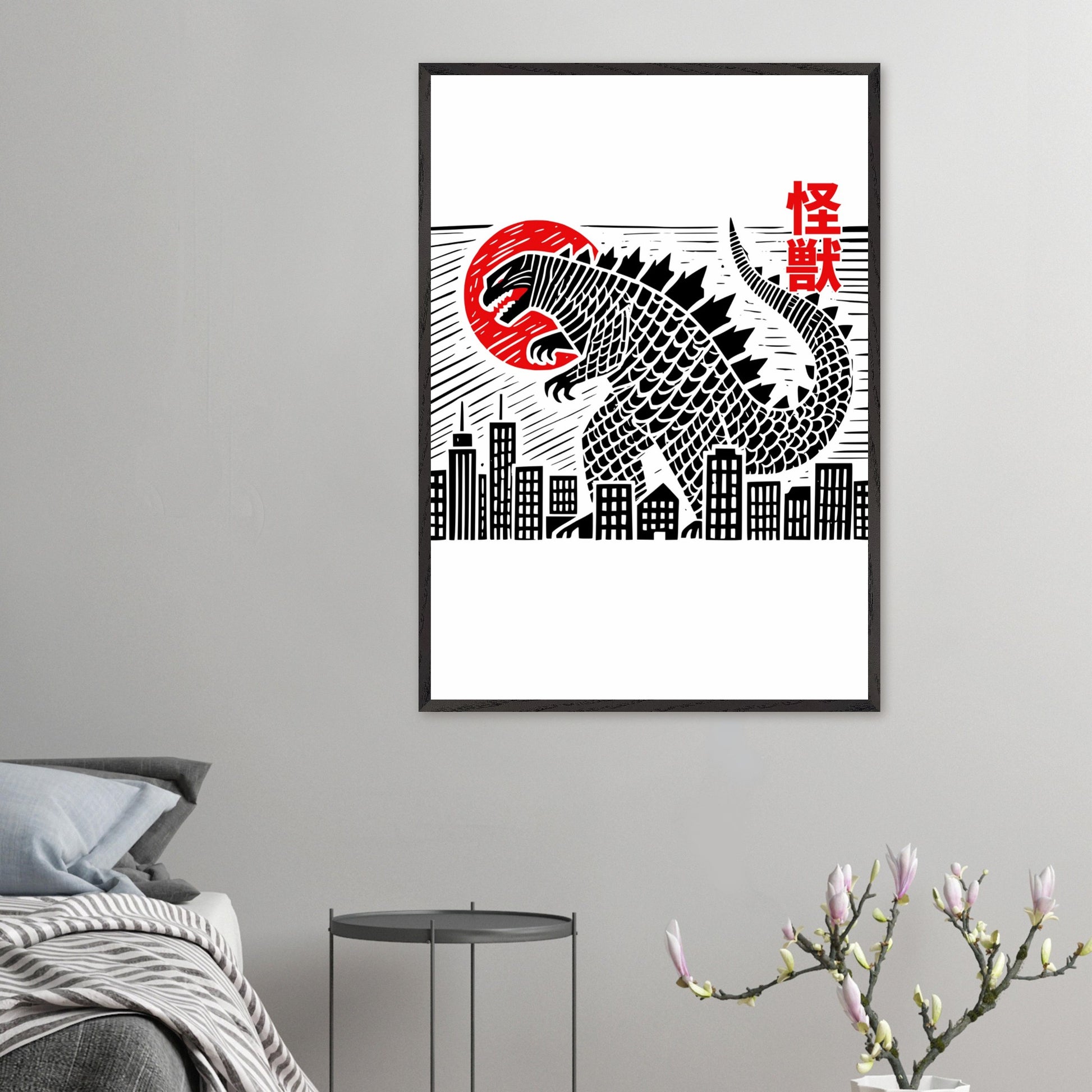 Japanese Block Print Style Mounted Framed Poster – Kaiju Godzilla Cityscape Art - Rampage Design Studio