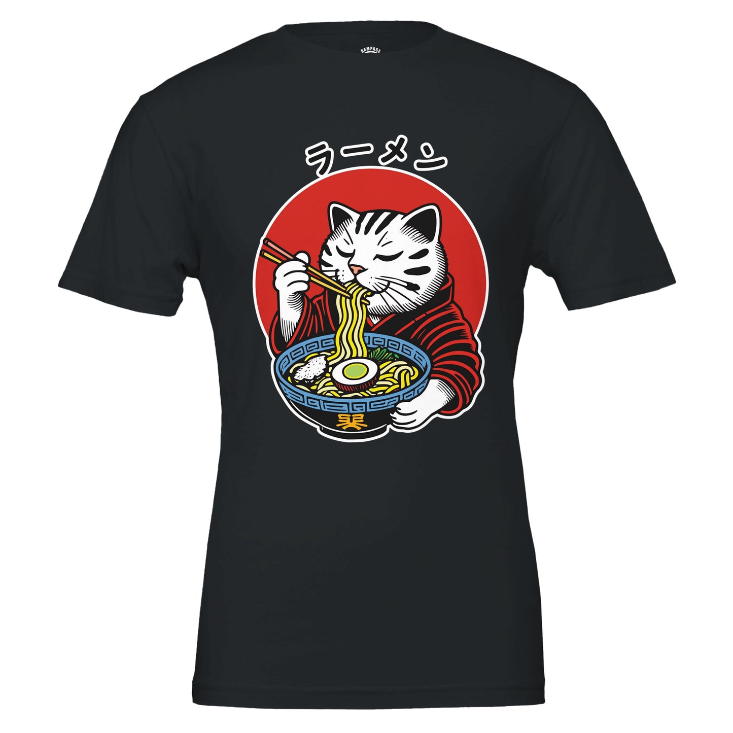 Ramen Cat T-Shirt, Japanese print Tee, Cat lover t-shirt, Soft Cotton Tee with Block Print and Japanese Text, Japanese Food shirt - Rampage Design Studio