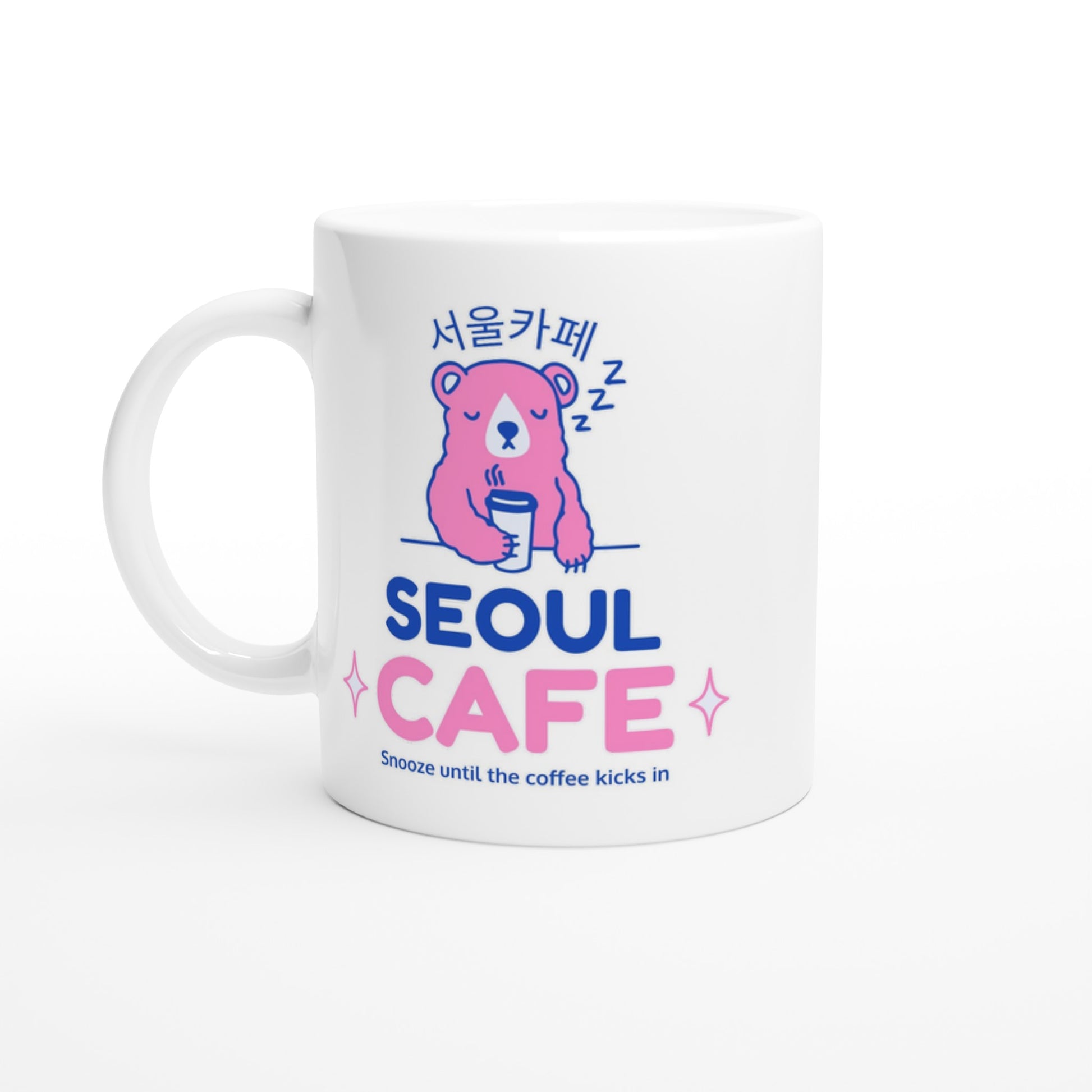 Sleepy Bear Mug - Seoul Cafe Design, Korean Cafe Theme, Cute Coffee Mug, 11oz Ceramic Coffee Cup - Dishwasher & Microwave Safe - Rampage Design Studio
