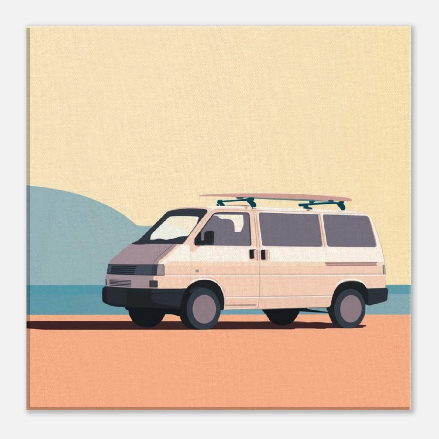 “Waiting for the Waves” – Minimalist VW Camper Van Canvas Print, Surf-Inspired Coastal Wall Art, Digital Artwork by Rampage Design Studio - Rampage Design Studio