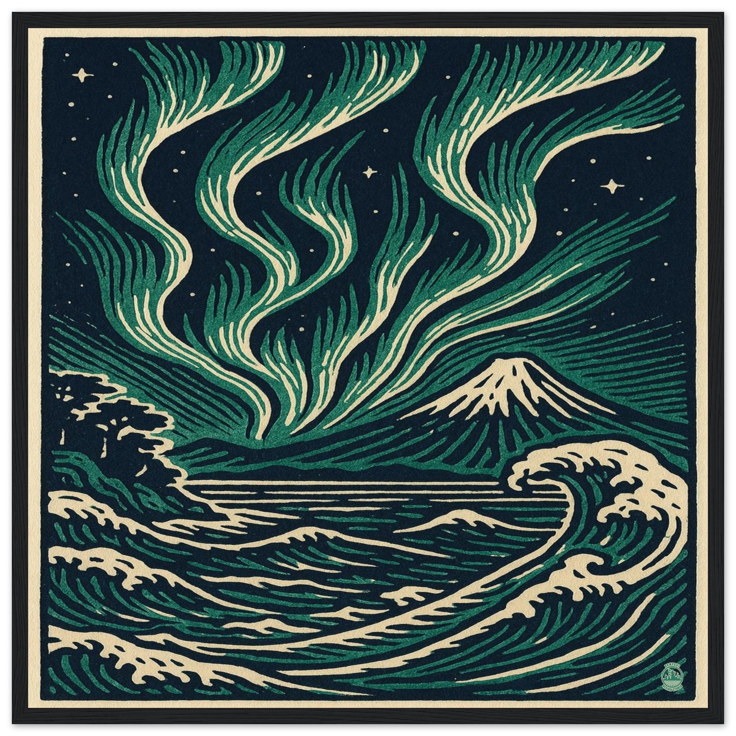 Aurora Night Waves – Japanese Linocut Style Framed Wall Art Print - Rampage Design Studio