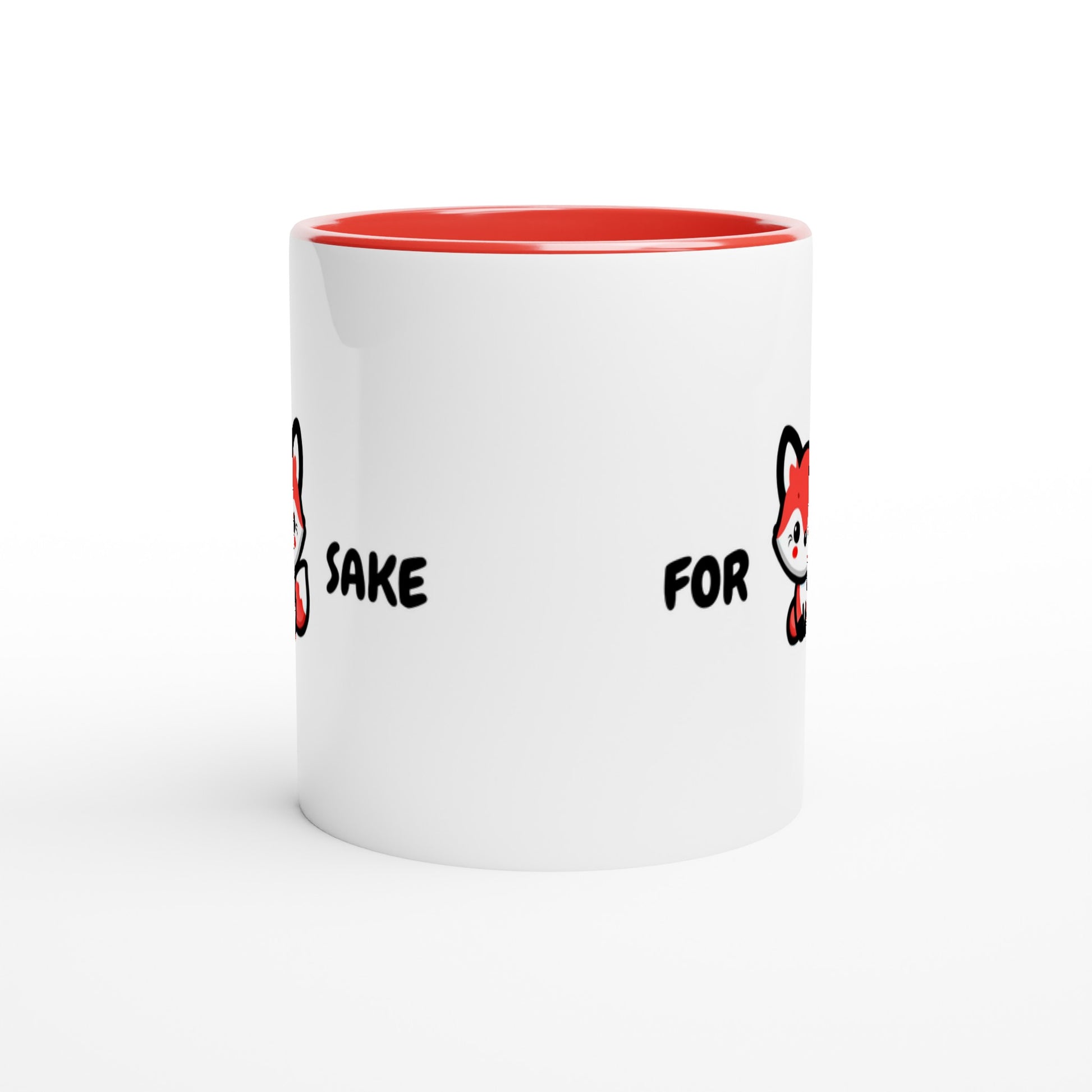 Funny Fox Mug – Red Handle & Interior – 'For Fox Sake' Design – Ceramic Coffee Cup 11oz - Rampage Design Studio